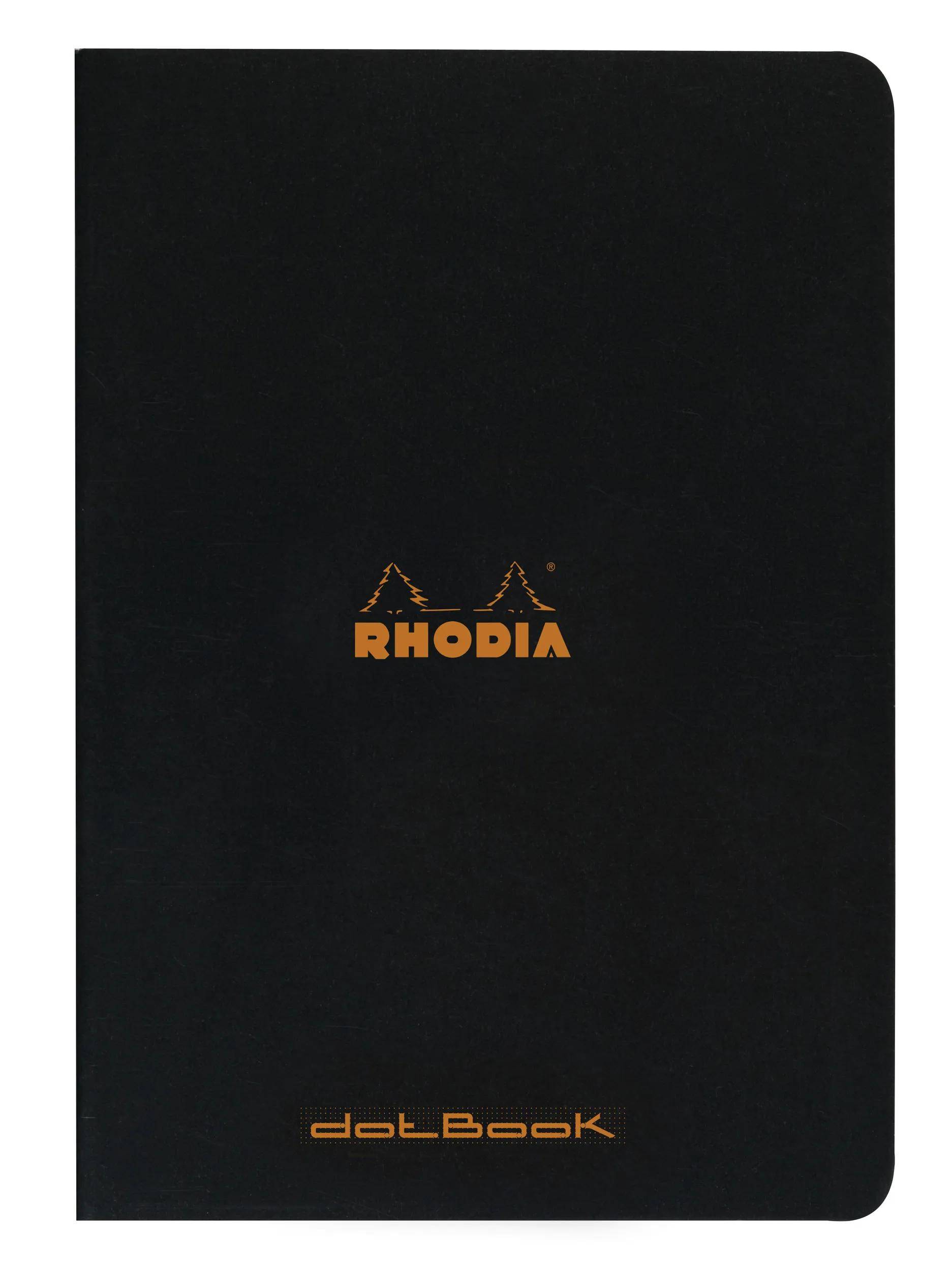 Schwarzes Rhodia-Dotbook-Notizbuch mit zentriertem orangefarbenem Logo auf dem Umschlag.
