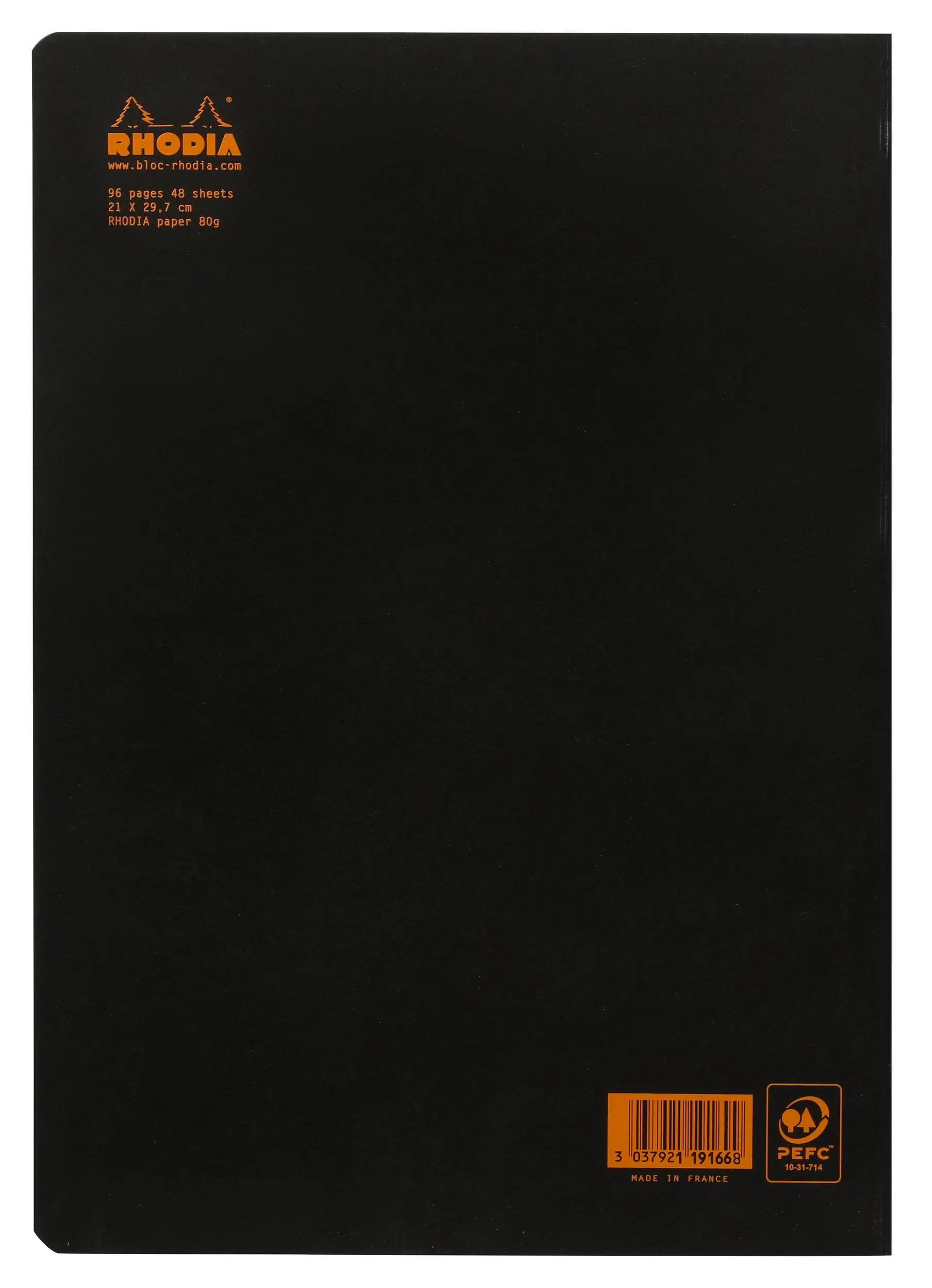 Schwarzer Rhodia-Notizbuchdeckel mit orangem Logo und Etikett oben links und Barcode sowie PEFC-Zeichen unten rechts.