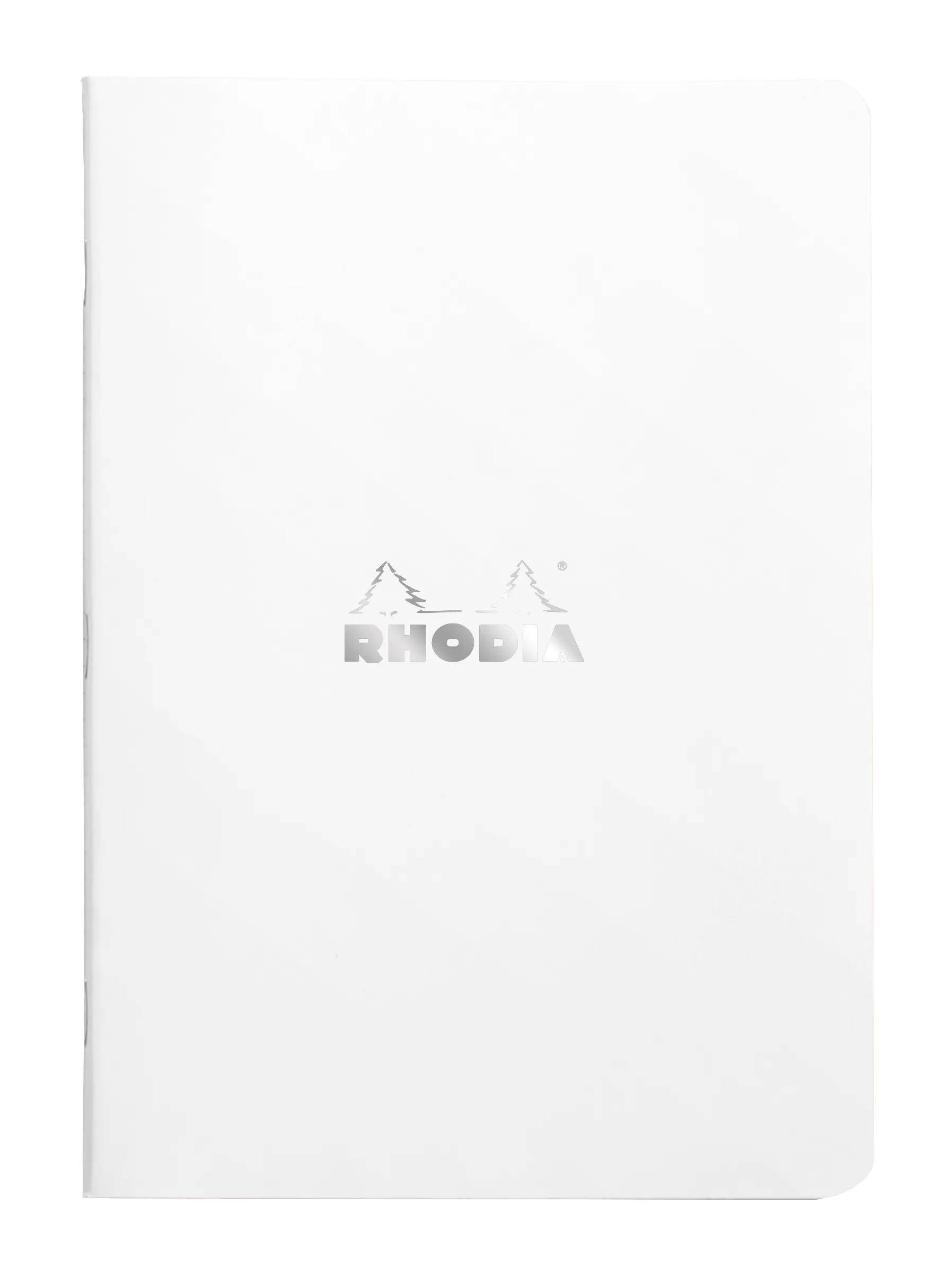Das 'Rhodia'-Logo, zentriert auf einem schlichten weißen Notizbucheinband mit zwei stilisierten Bergspitzen über dem Text.