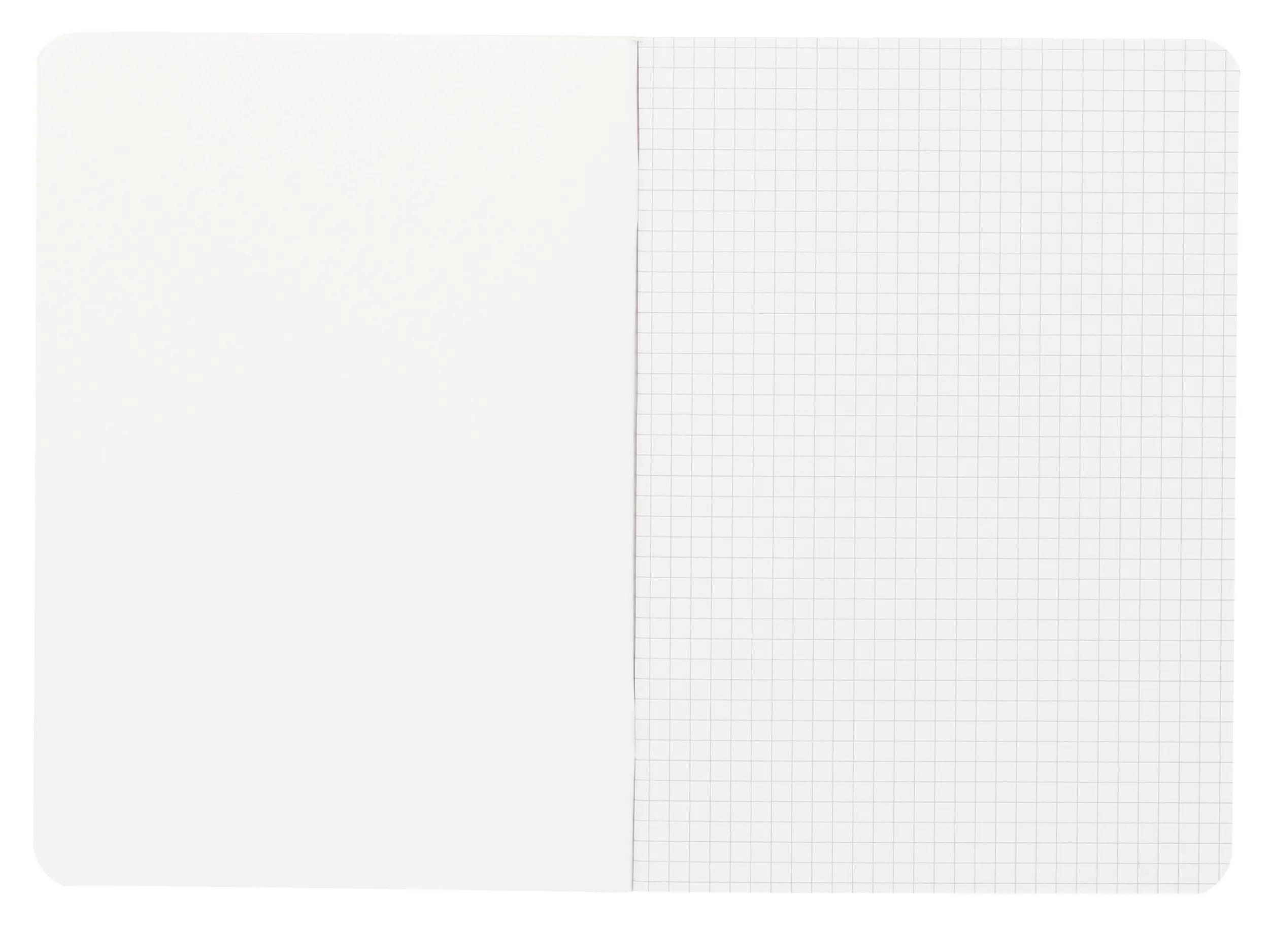 Ein offenes Notizbuch mit einer leeren Seite auf der linken Seite und einer Seite mit Rastergitter auf der rechten Seite, geeignet zum Schreiben und Zeichnen.