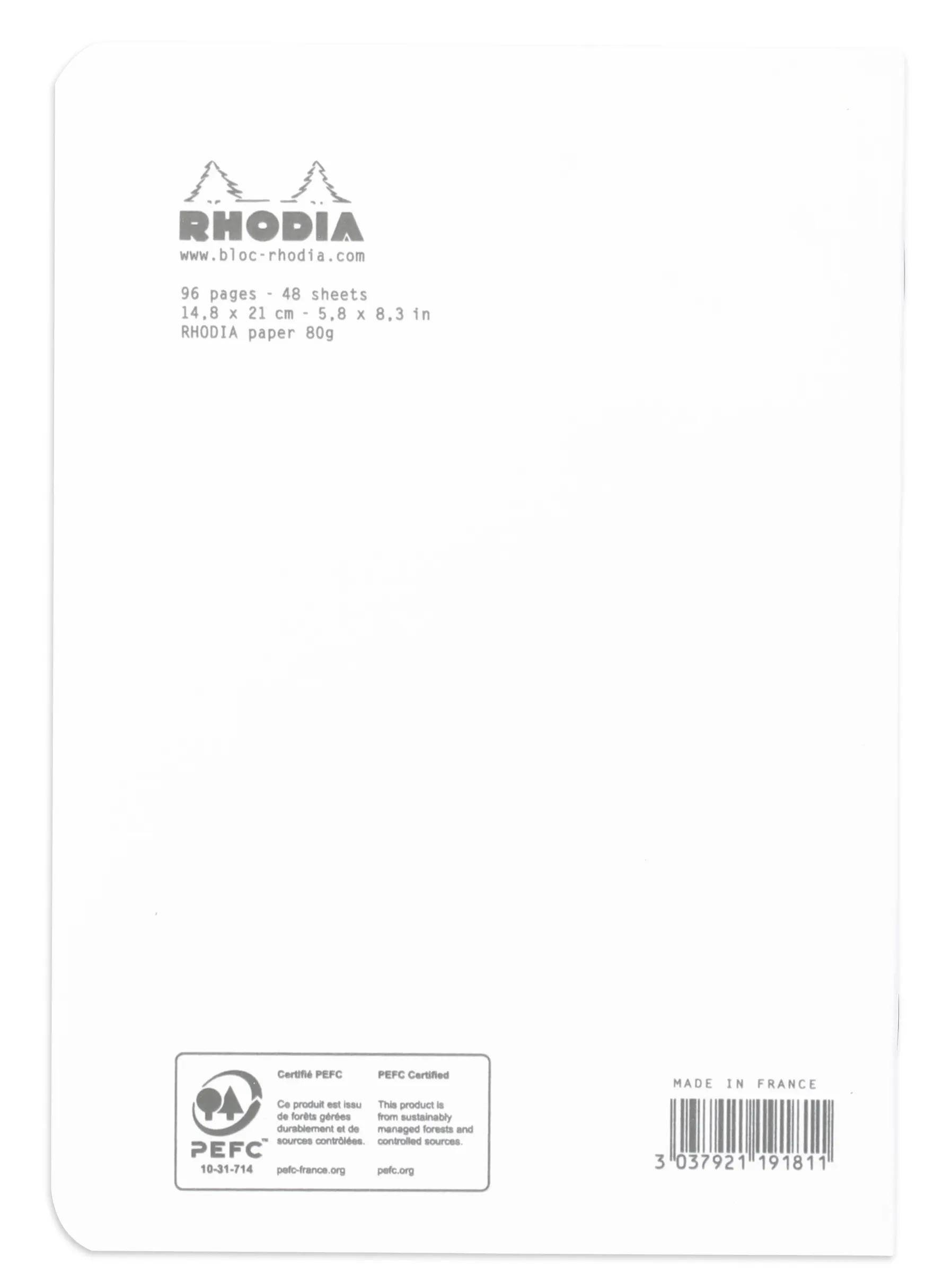 Eine leere Rhodia-Notizblockseite mit folgenden Details: „96 Seiten, 48 Blätter, 14,8 x 21 cm, 5,8 x 8,3 Zoll, Rhodia-Papier 80g, Hergestellt in Frankreich.