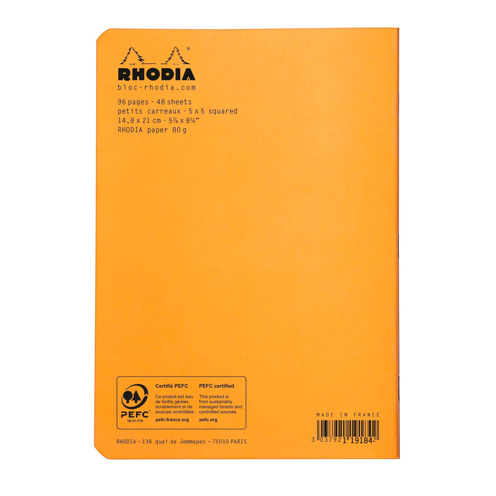 Orange RHODIA Notizbuch mit 96 Seiten, 48 Blättern, 5x5 kariert, 14,8x21 cm, 80g Papier. Hergestellt in Frankreich. PEFC-zertifiziert.