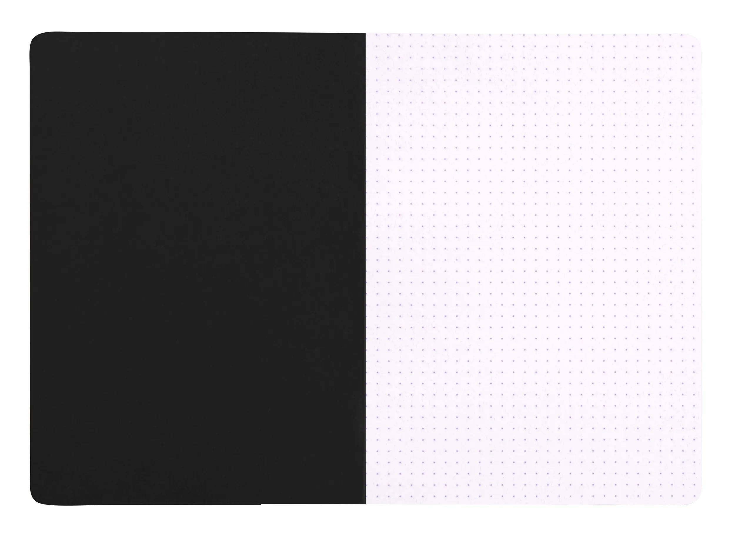 Notizbuchcover mit geteiltem Design - linke Hälfte einfarbig schwarz und rechte Hälfte hellweiß mit feinen Punkten.