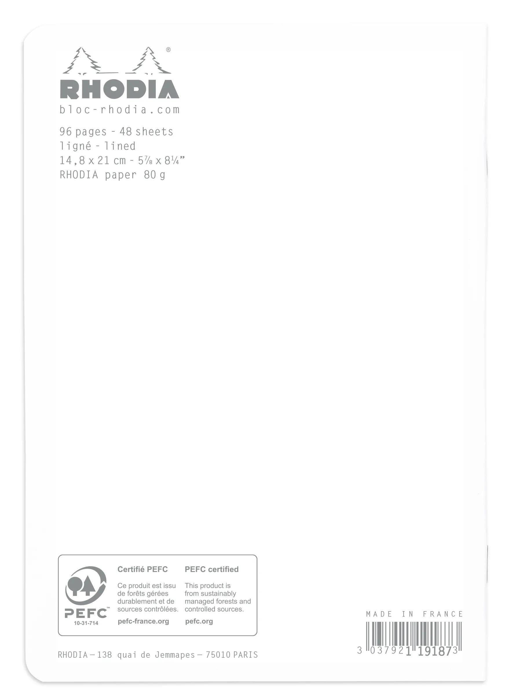 Leere weiße Rhodia-Notizbuchseite mit Logos und Text: „Rhodia
