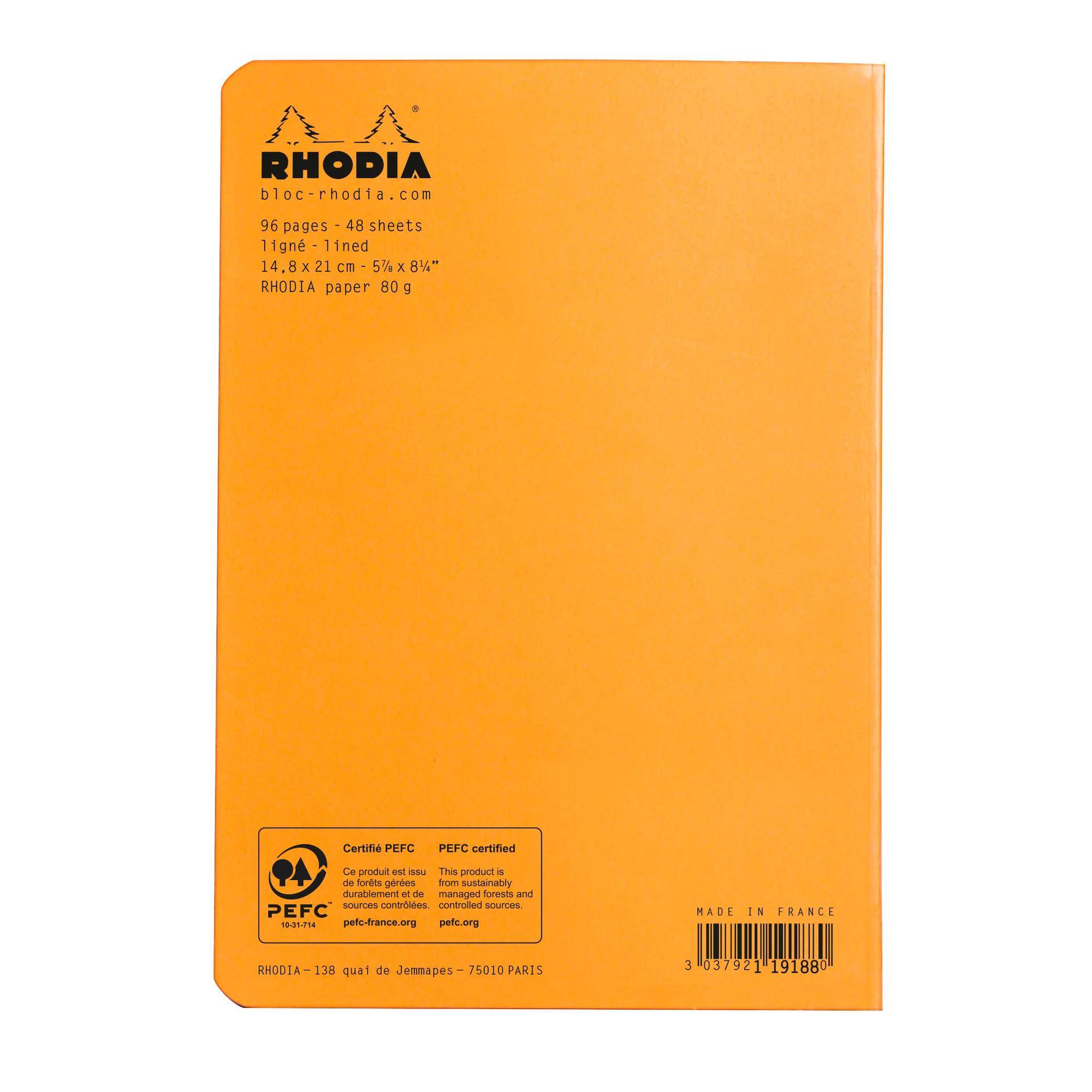 Orangefarbener Rhodia-Notizbuchdeckel mit Branding und Details: „96 Seiten - 48 Blatt, 80g, 14,8x21 cm, liniert, Made in France.