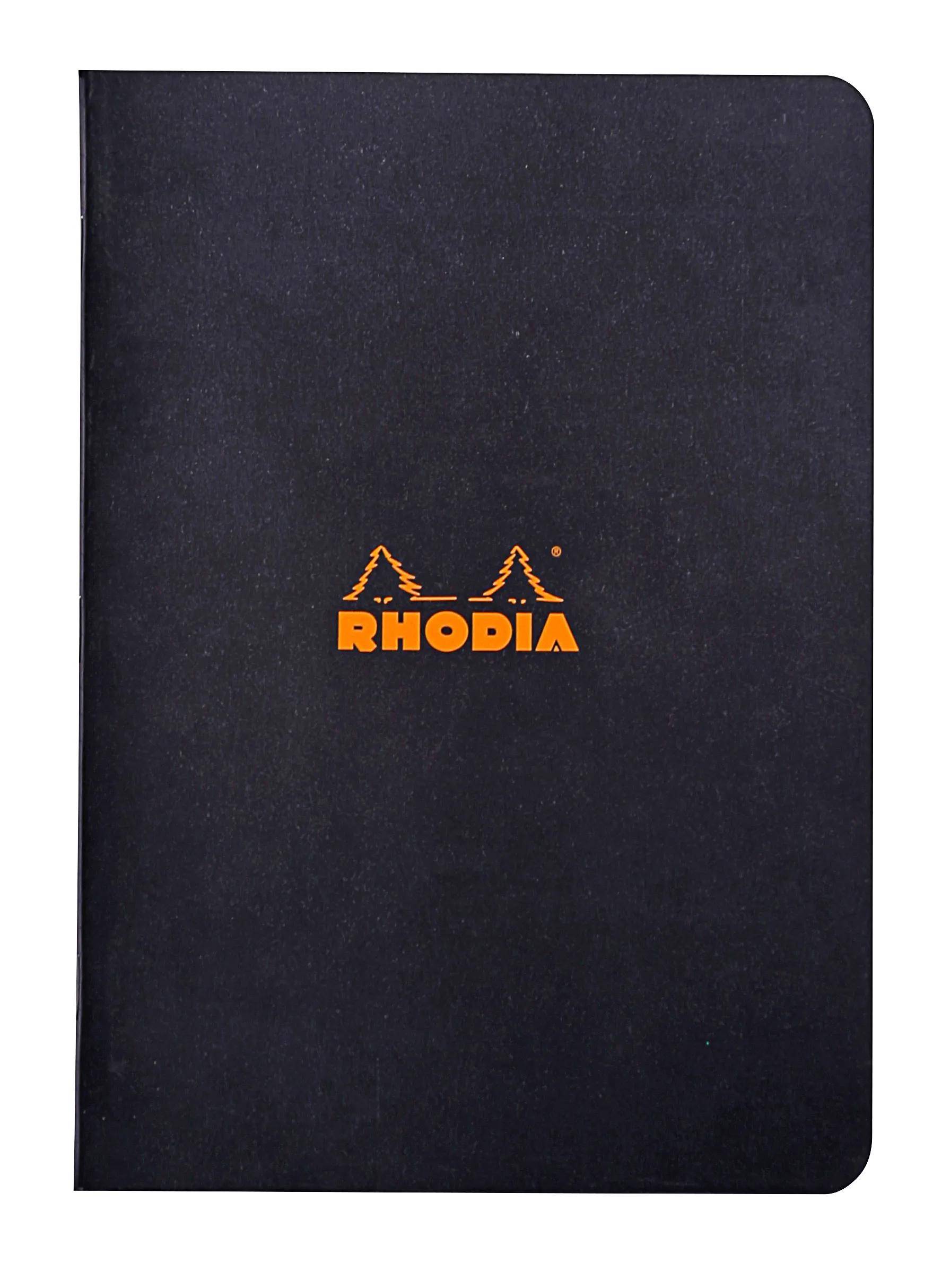 Schwarzes Rhodia-Notizbuch mit orangem Logo auf dem Umschlag.