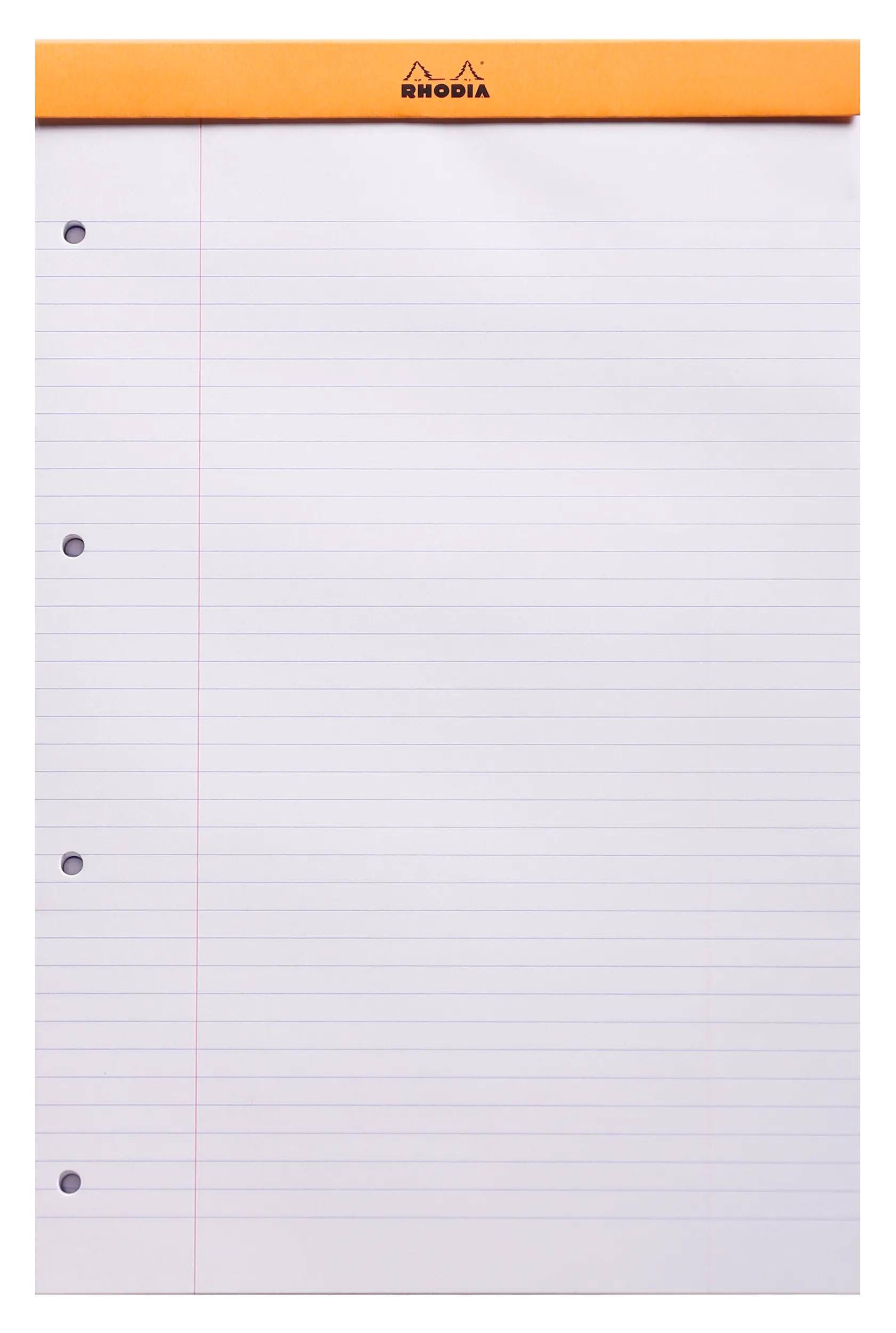 Ein leeres Blatt Notizbuchpapier mit Linien, mit einem linken Rand, drei gestanzten Löchern und horizontalen blauen Linien auf weißem Untergrund.