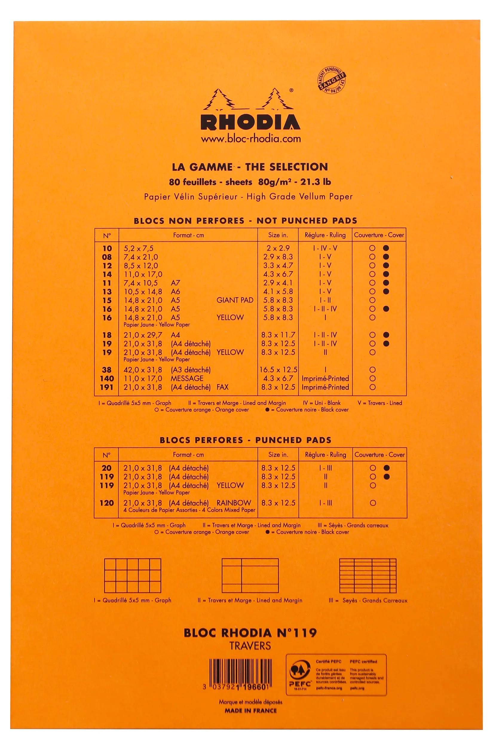 Orange Rhodia Notizbucheinband mit Produktinformationen für „LA GAMME - THE SELECTION