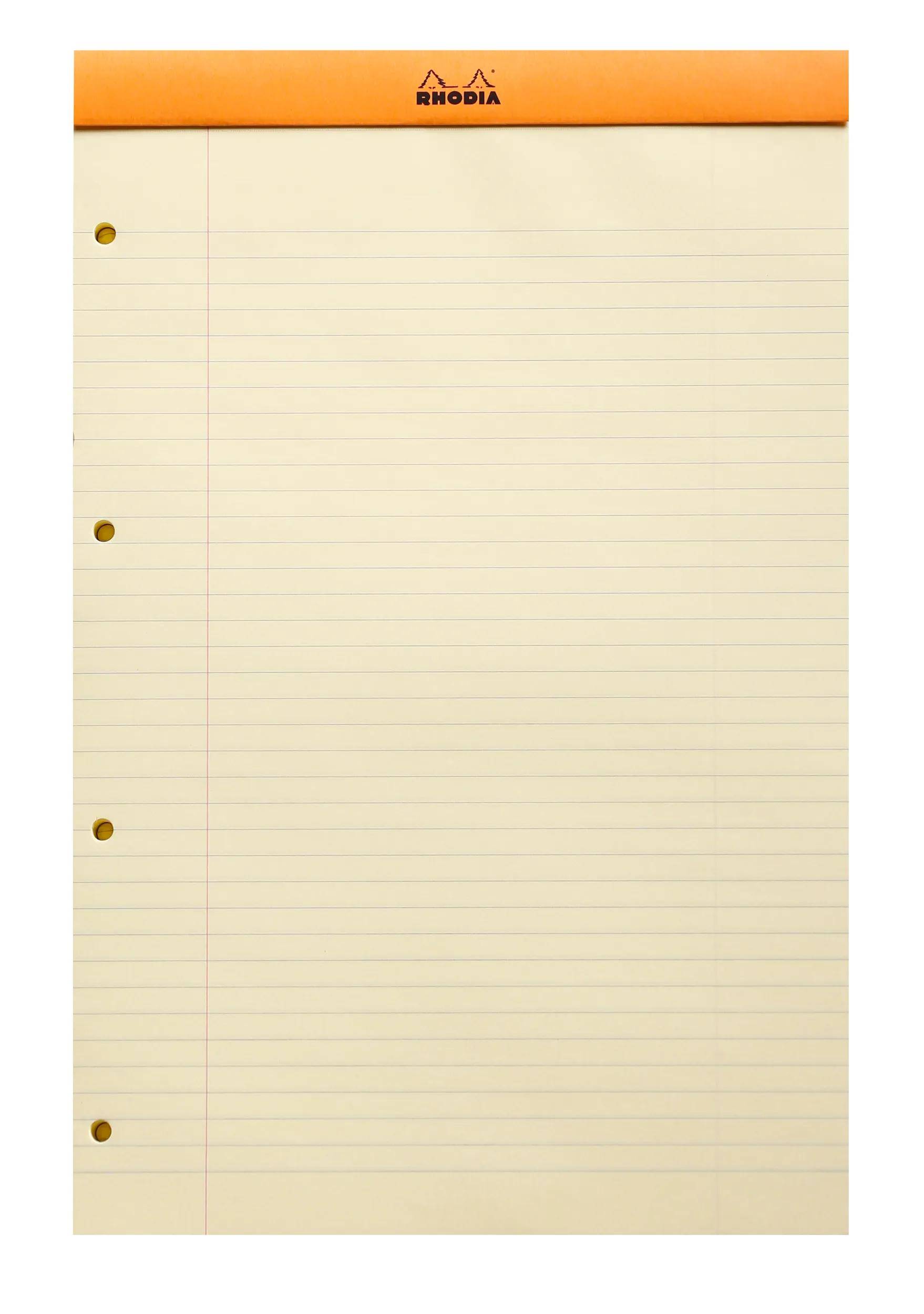 Leere Notizbuchseite mit orangem RHODIA-Kopfbereich und drei Lochungen auf der linken Seite.