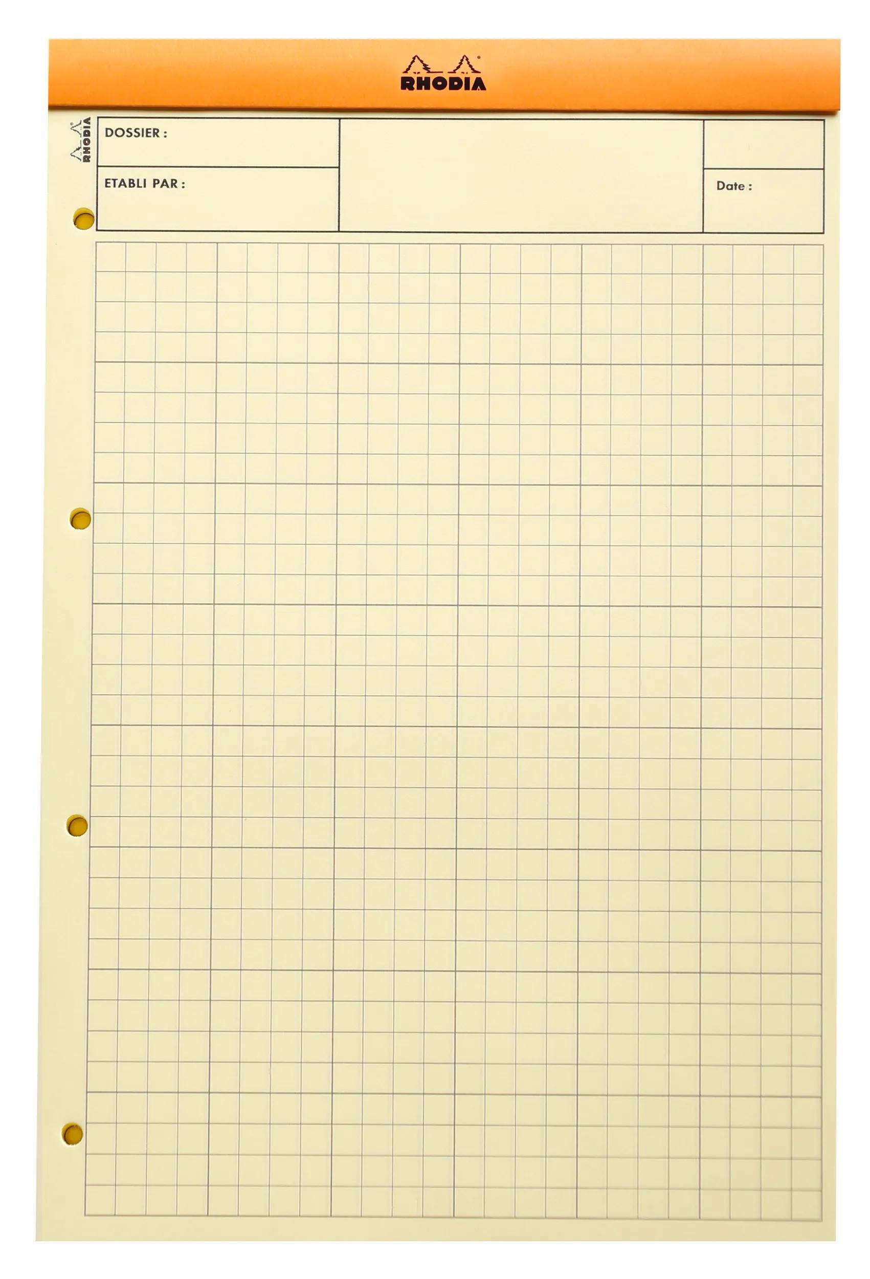 Ein Blatt gelbliches Millimeterpapier mit quadratischem Gitternetz und drei gestanzten Löchern auf der linken Seite.