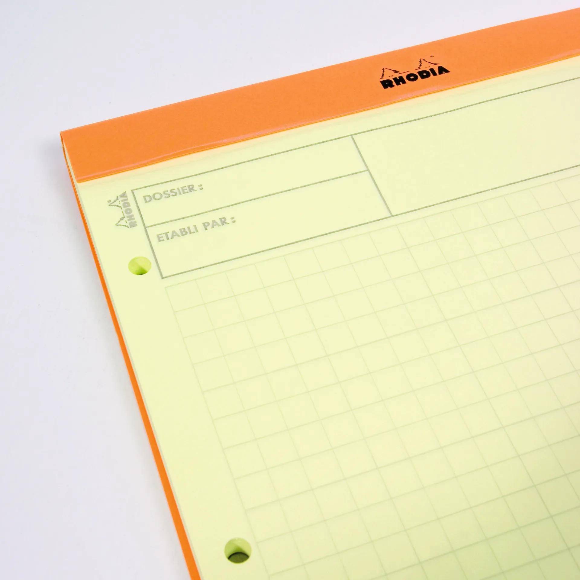 Ein orangefarbenes Rhodia-Notizblock mit Millimeterpapier und zwei Überschriften: 'DOSSIER:' und 'ETABLI PAR:'. Perfekt zur Organisation von Notizen oder Plänen.