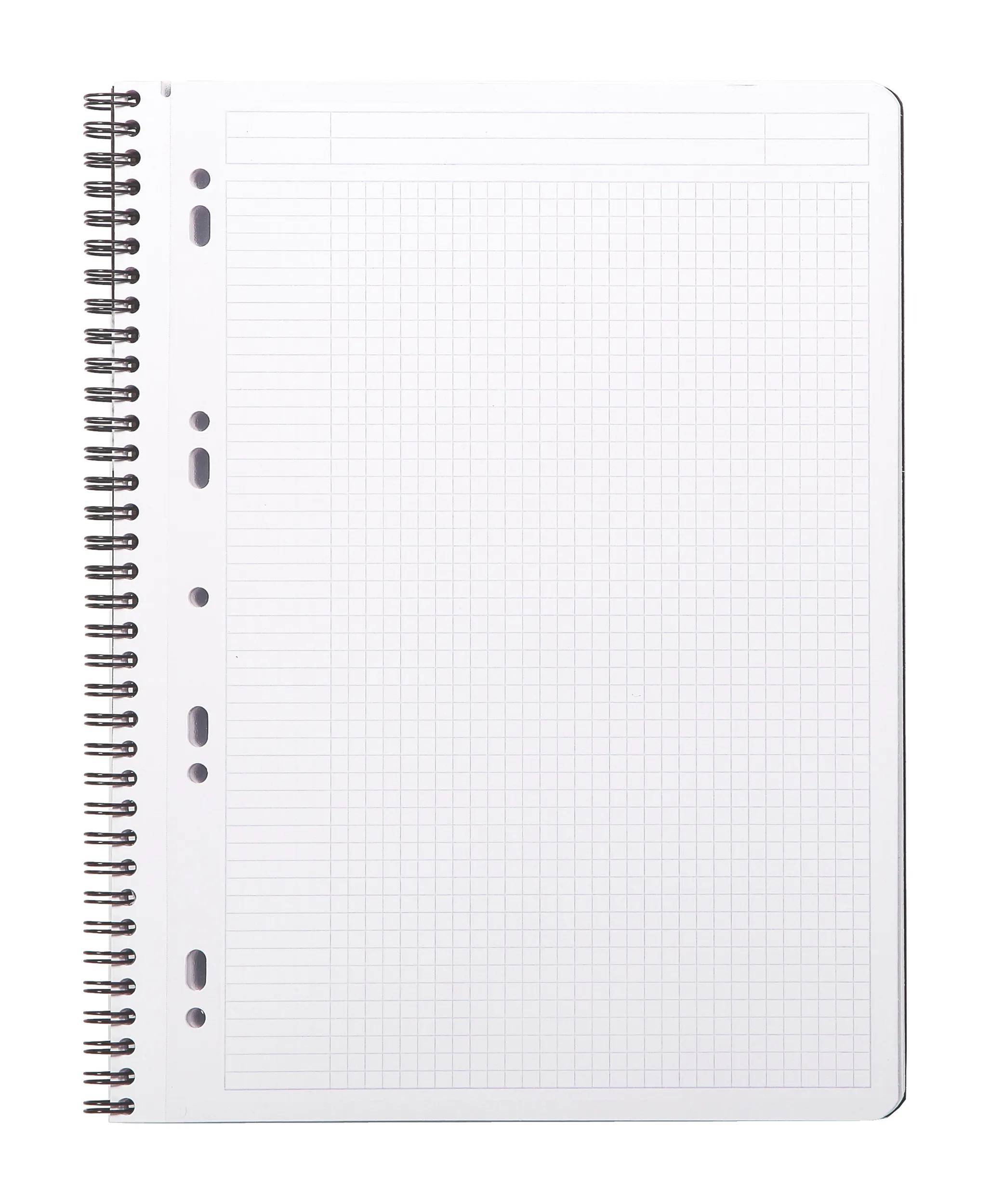 Leere spiralgebundene Seite aus Millimeterpapier vor weißem Hintergrund mit hellgrauen Gitterlinien und gestanzten Binderlöchern.