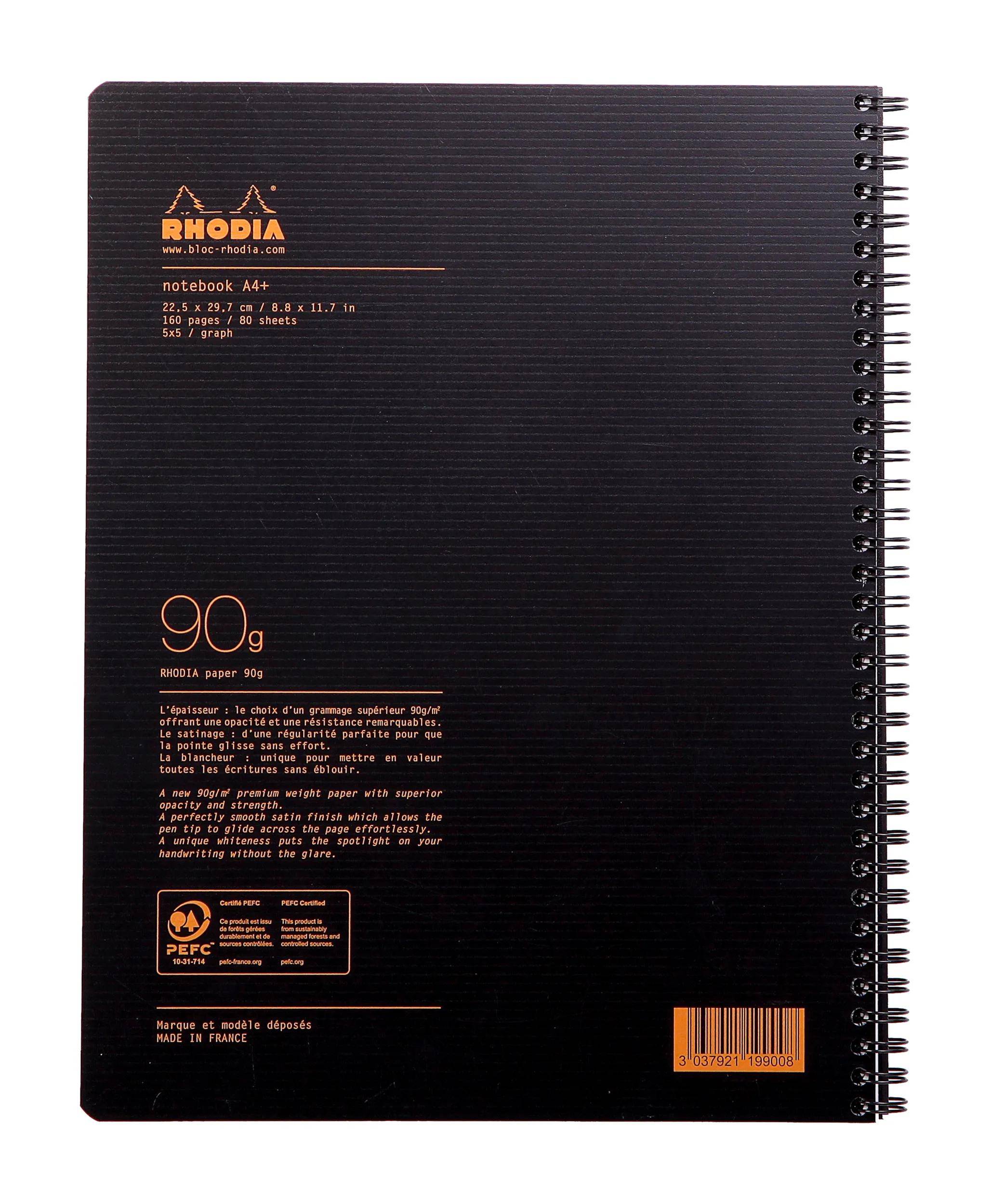 Schwarzer Rhodia-Spiralblock mit orangem Branding, „Notizbuch A4+