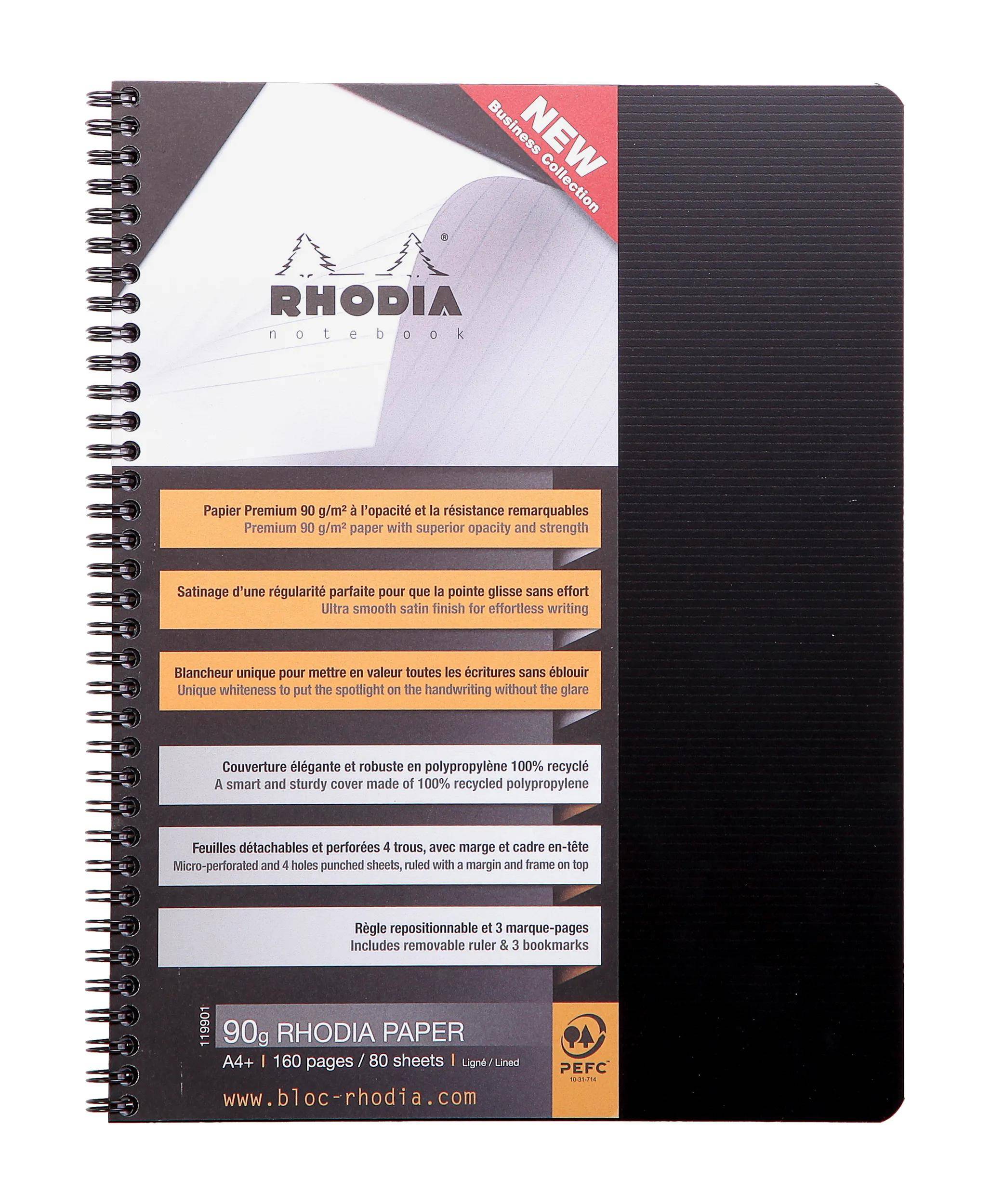 Rhodia 5x Notebook mit Spiralbindung A4+ 80Blatt liniert 90g - Schwarz 119901C