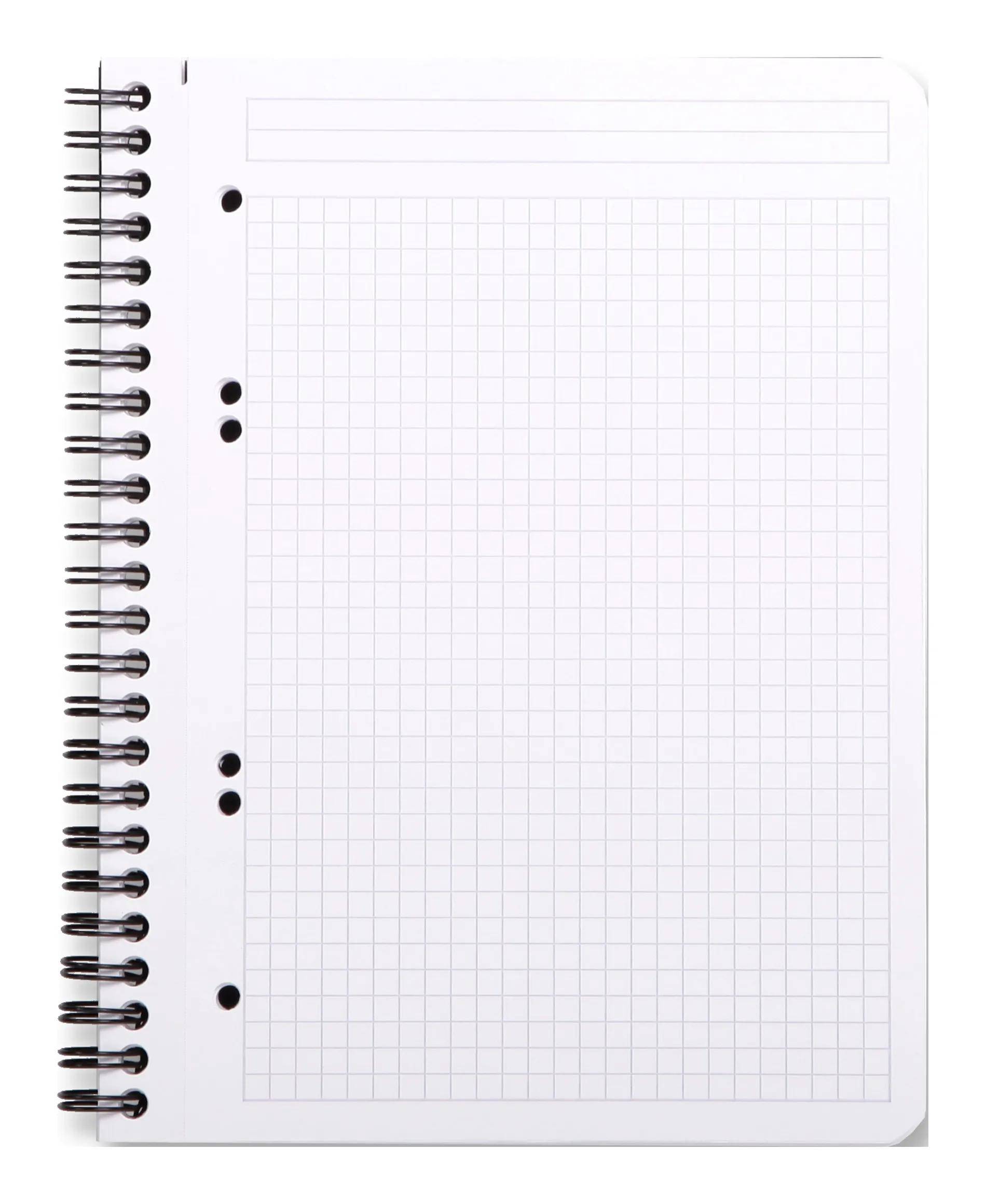 Ein spiralgebundenes Notizbuch mit einer leeren Gitterseite auf der rechten Seite und einem linierten Kopfbereich oben, bereit für Notizen oder Skizzen.