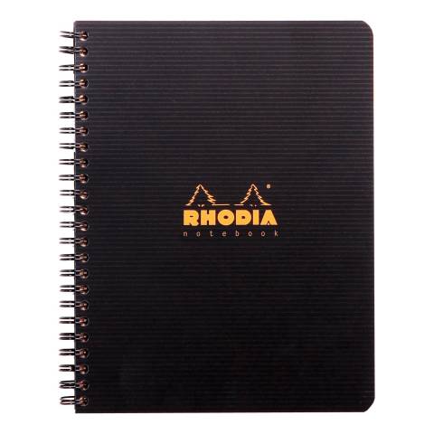 Schwarzes Rhodia-Spiralbindungs-Notizbuch mit liniertem Umschlag und zentriertem orangefarbigem Logo auf der Vorderseite.