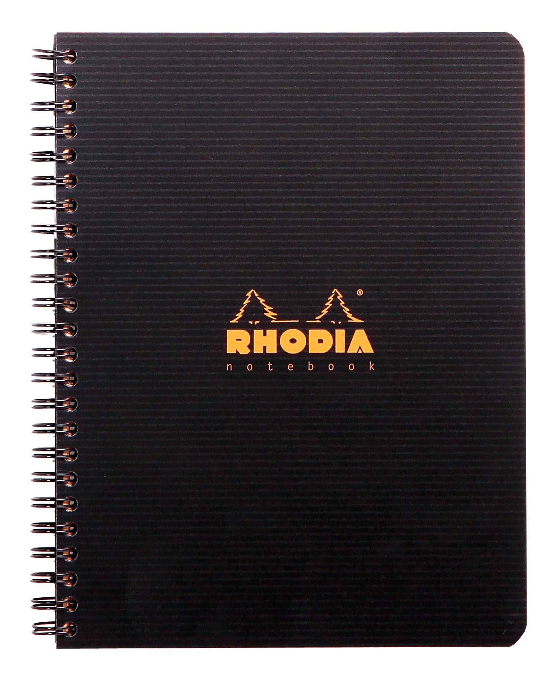 Ein schwarzes spiralgebundenes Rhodia-Notizbuch mit einem orangefarbenen Logo und dem Wort „Rhodia