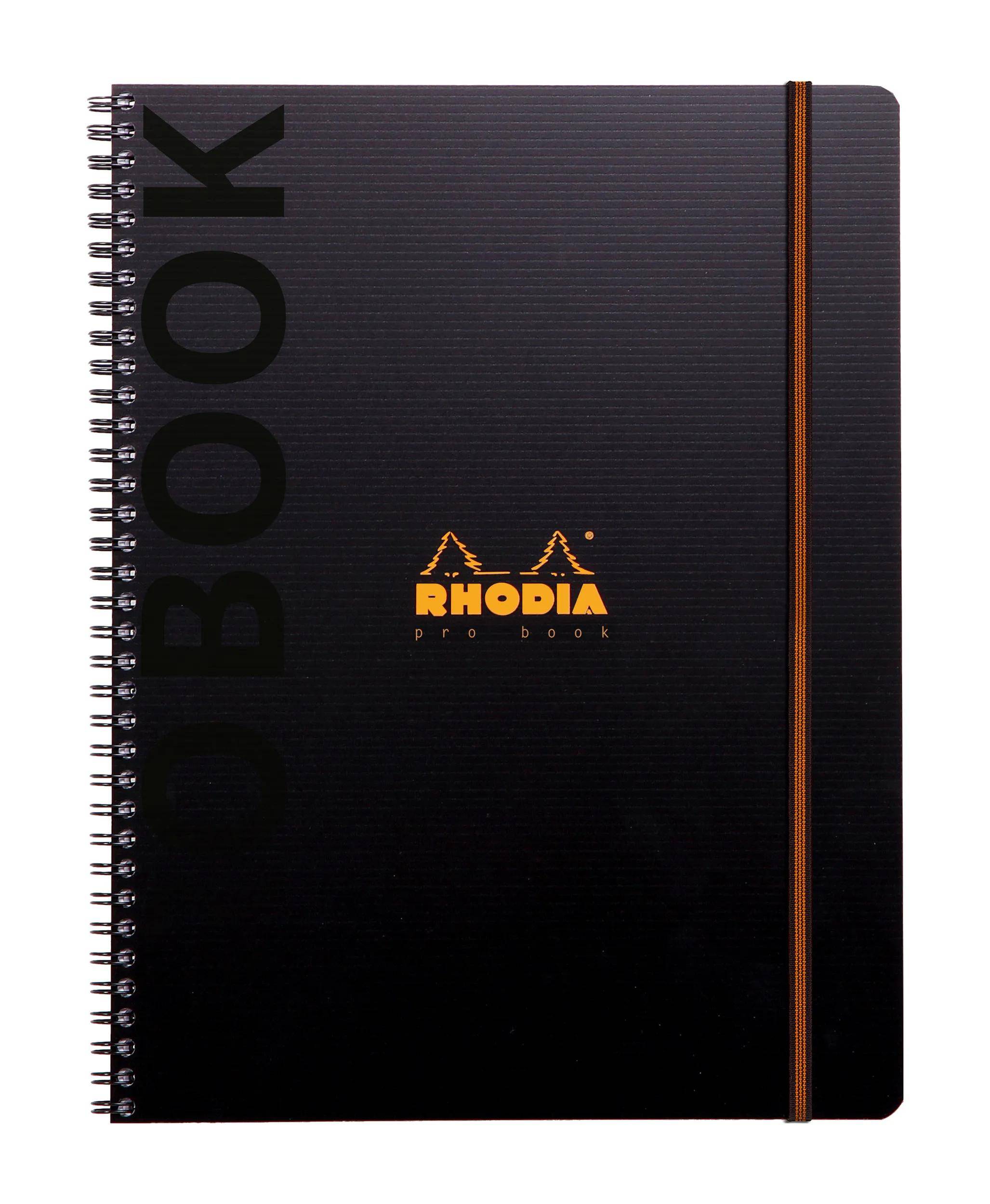 Schwarzes spiralgebundenes Rhodia-Notizbuch mit orangenem Gummiband und Logo auf dem Umschlag.