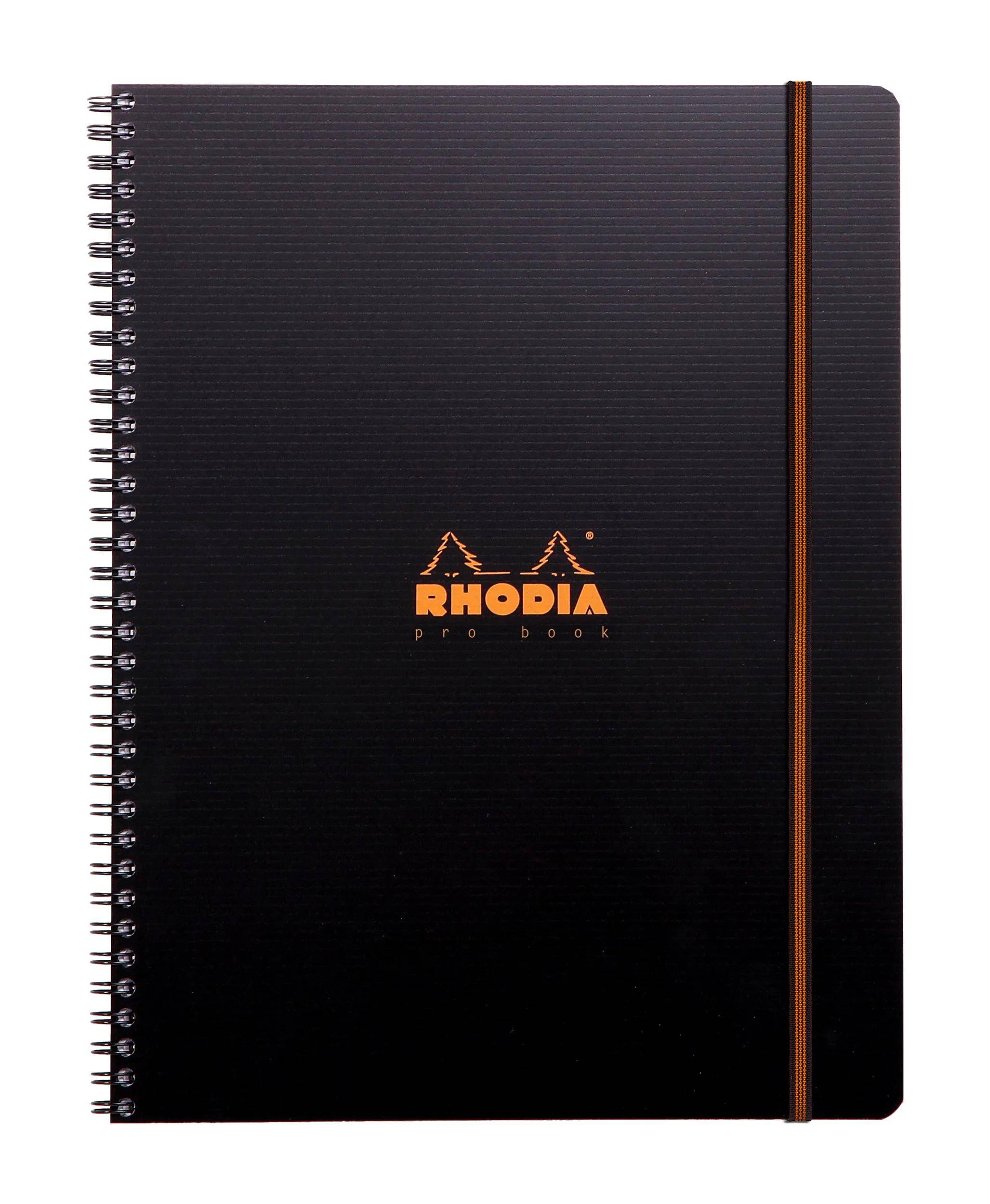 Schwarzes Rhodia Spiralbindungs-Notizbuch mit Logo und vertikalem orangefarbenem Streifen auf dem Umschlag.