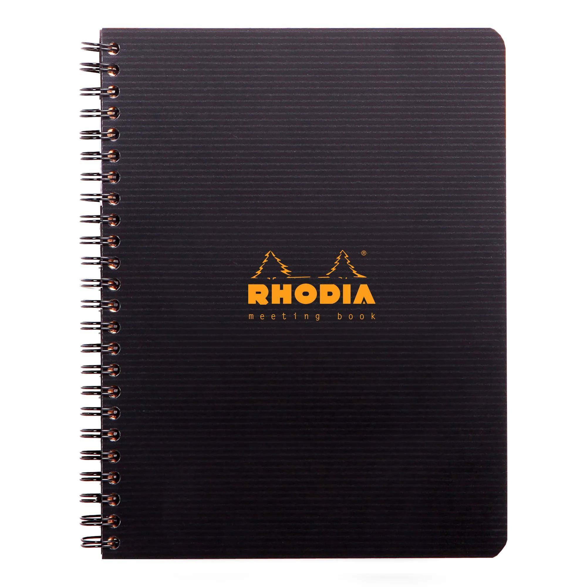 Schwarzes spiralgebundenes Rhodia-Notizbuch für Meetings mit orangem Logo auf dem Umschlag.