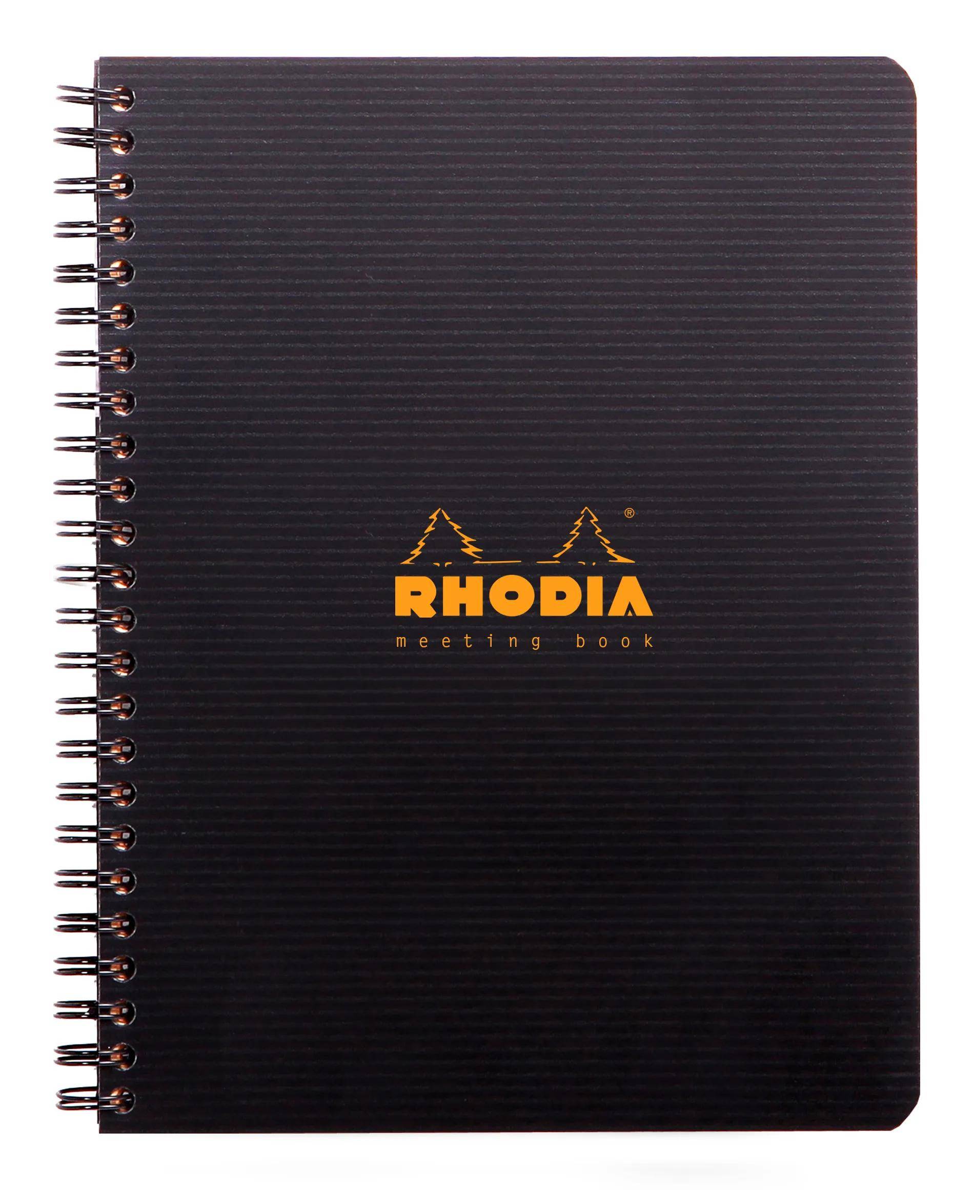 Schwarzes spiralgebundenes Rhodia-Besprechungsbuch Notizbuch mit liniertem Umschlag und orangem Logo auf der Vorderseite.