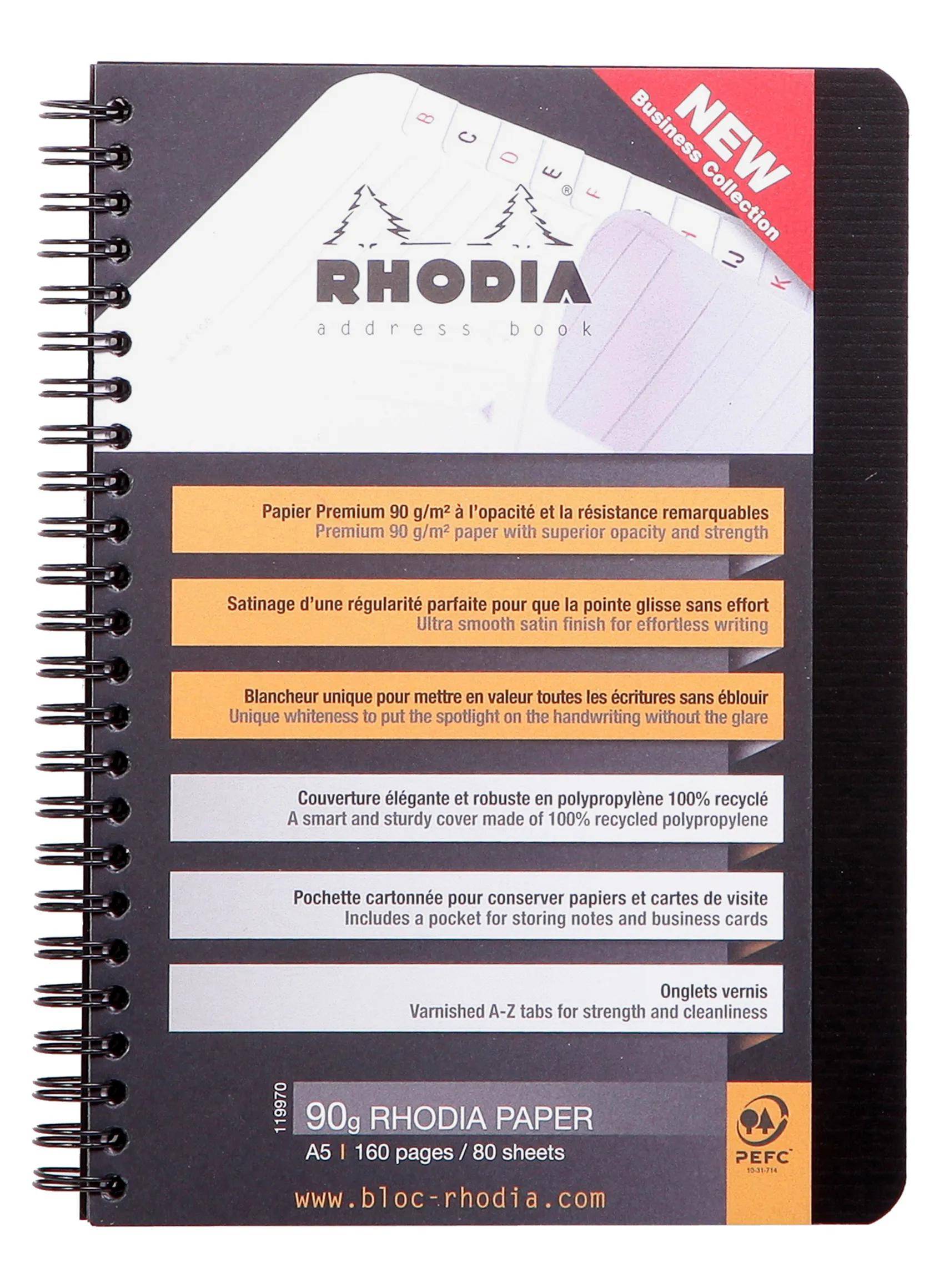 Rhodia 5x Adressbuch A5 Rhodiactive, 80 Bl 90g, Spiralbindung Schwarz 119970C