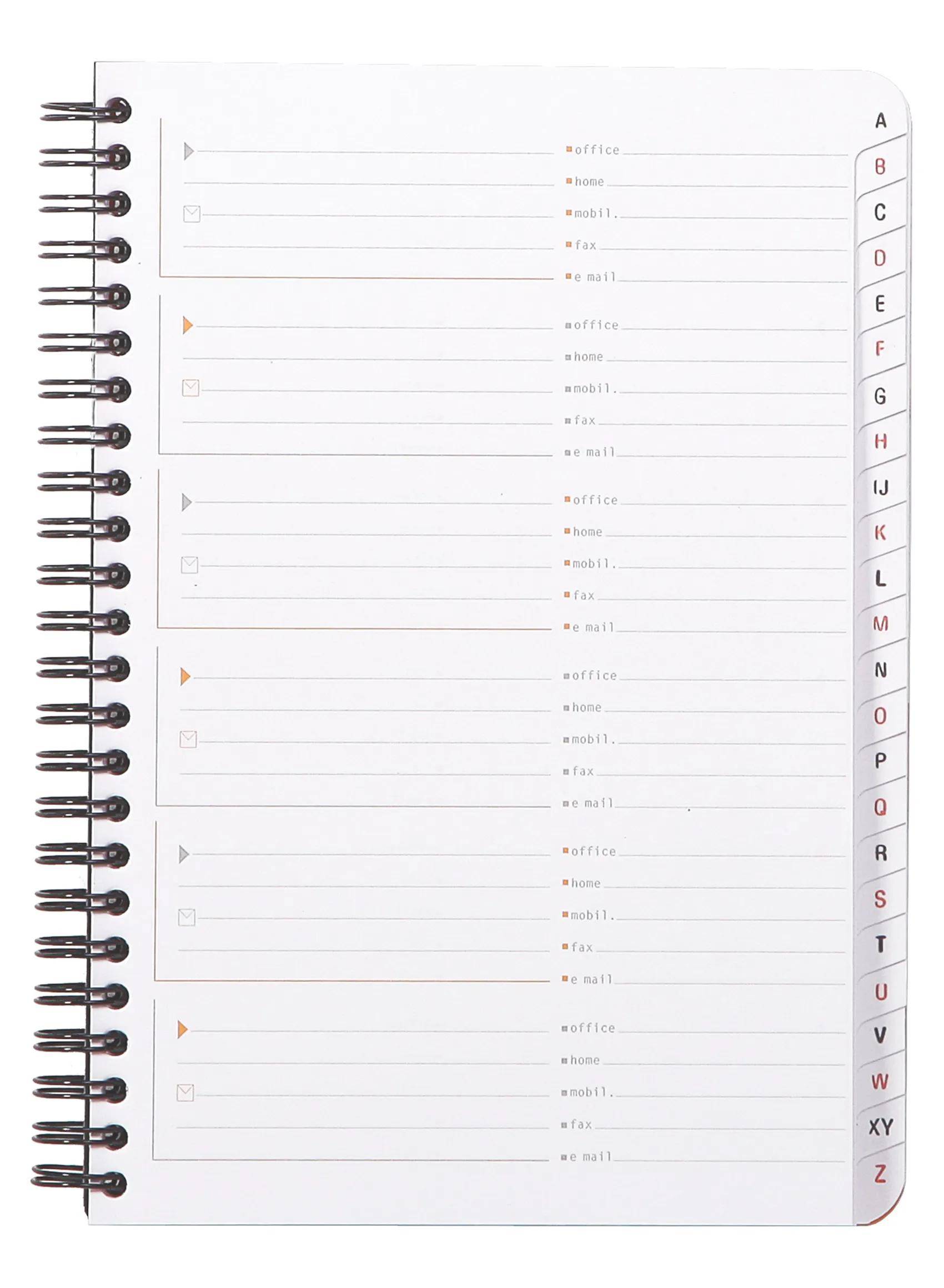 Leere spiralgebundene Plannerseite mit mehreren liniierten Abschnitten und einer A-Z-Registerlasche auf der rechten Seite, die zum Organisieren von Notizen oder Kontakten verwendet wird.