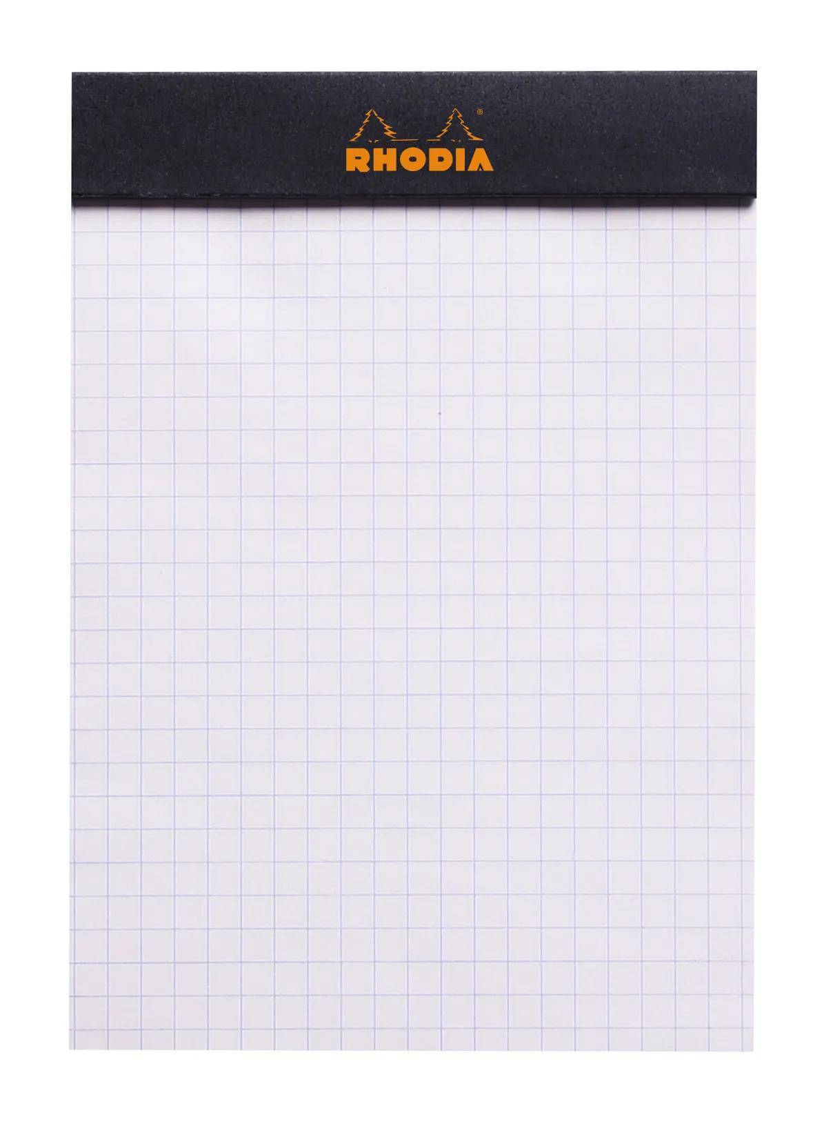 Eine leere karierte Rhodia-Notizbuch-Seite mit dem orangefarbenen „RHODIA