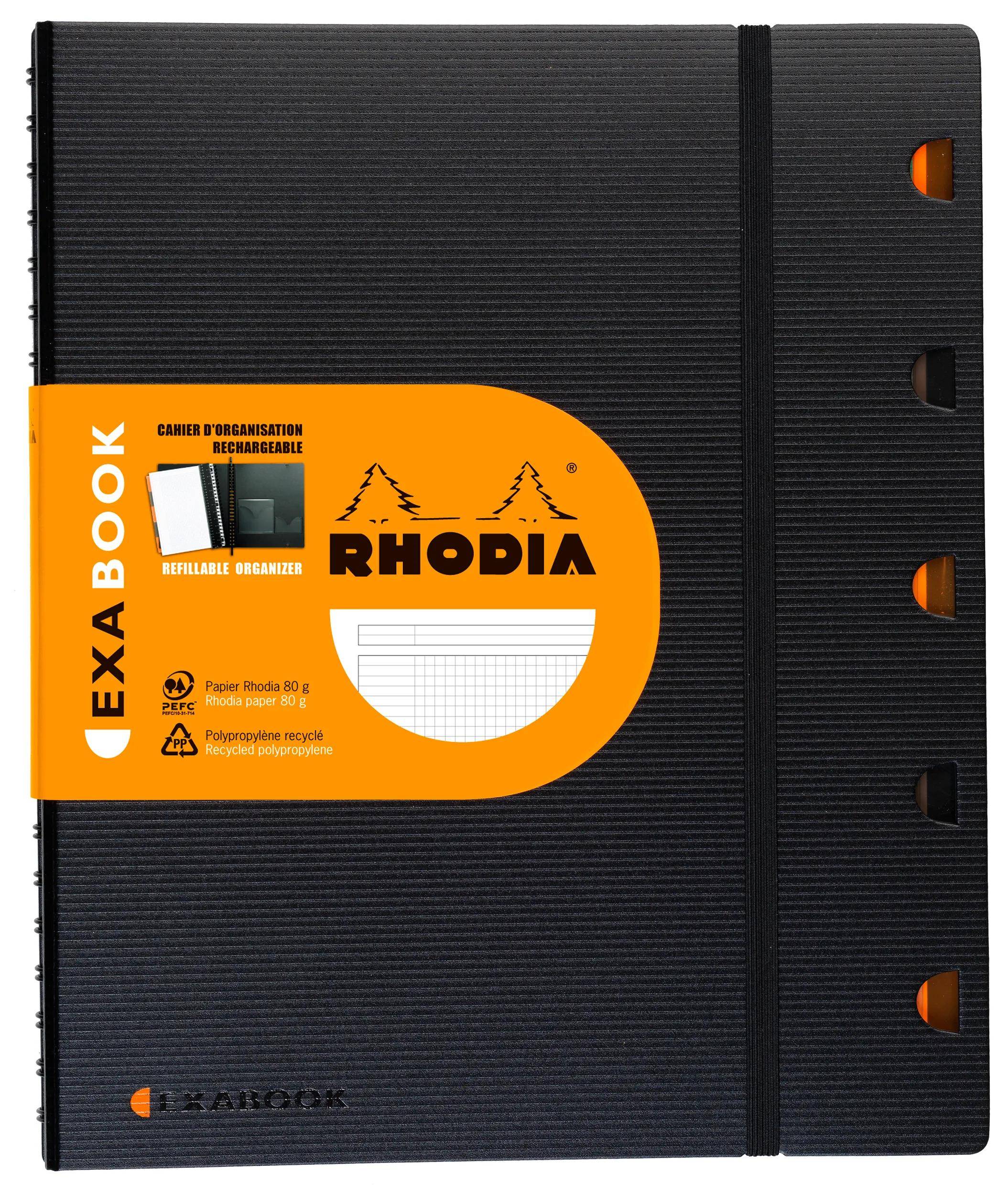 Schwarzes Rhodia Exabook austauschbares Notizbuch mit orangenem Etikett und Registerreitern entlang der rechten Kante.