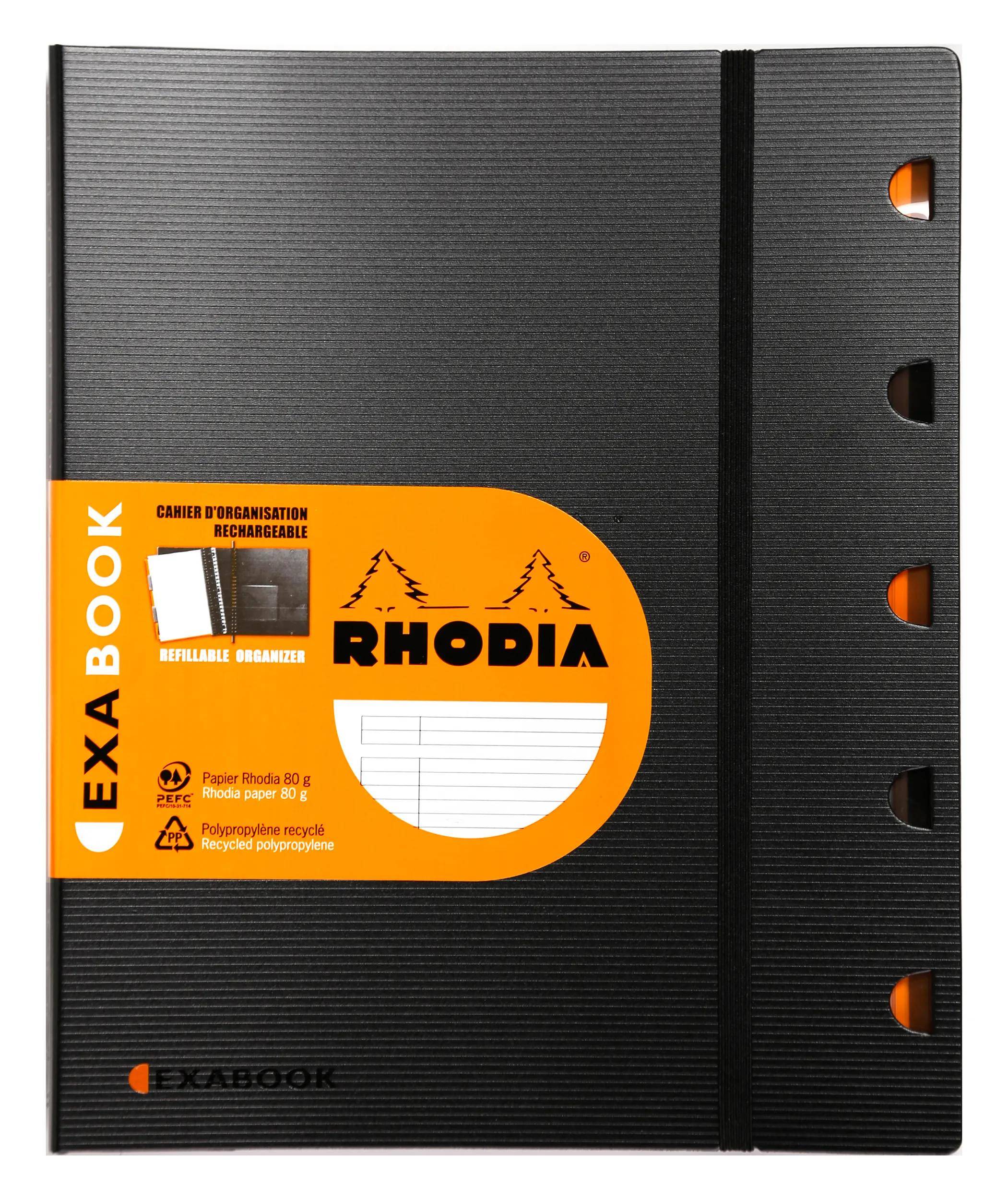 Schwarzer EXABOOK Ringbinder-Notizbuch mit orangefarbenem RHODIA-Etikett und Registerausschnitten an der rechten Kante.