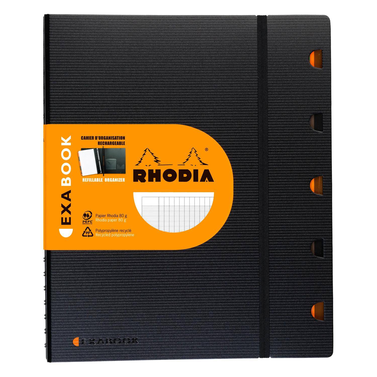 Schwarzes Rhodia Exabook Notizbuch mit orangenem Etikett und Gummiband, auf weißem Hintergrund gezeigt.
