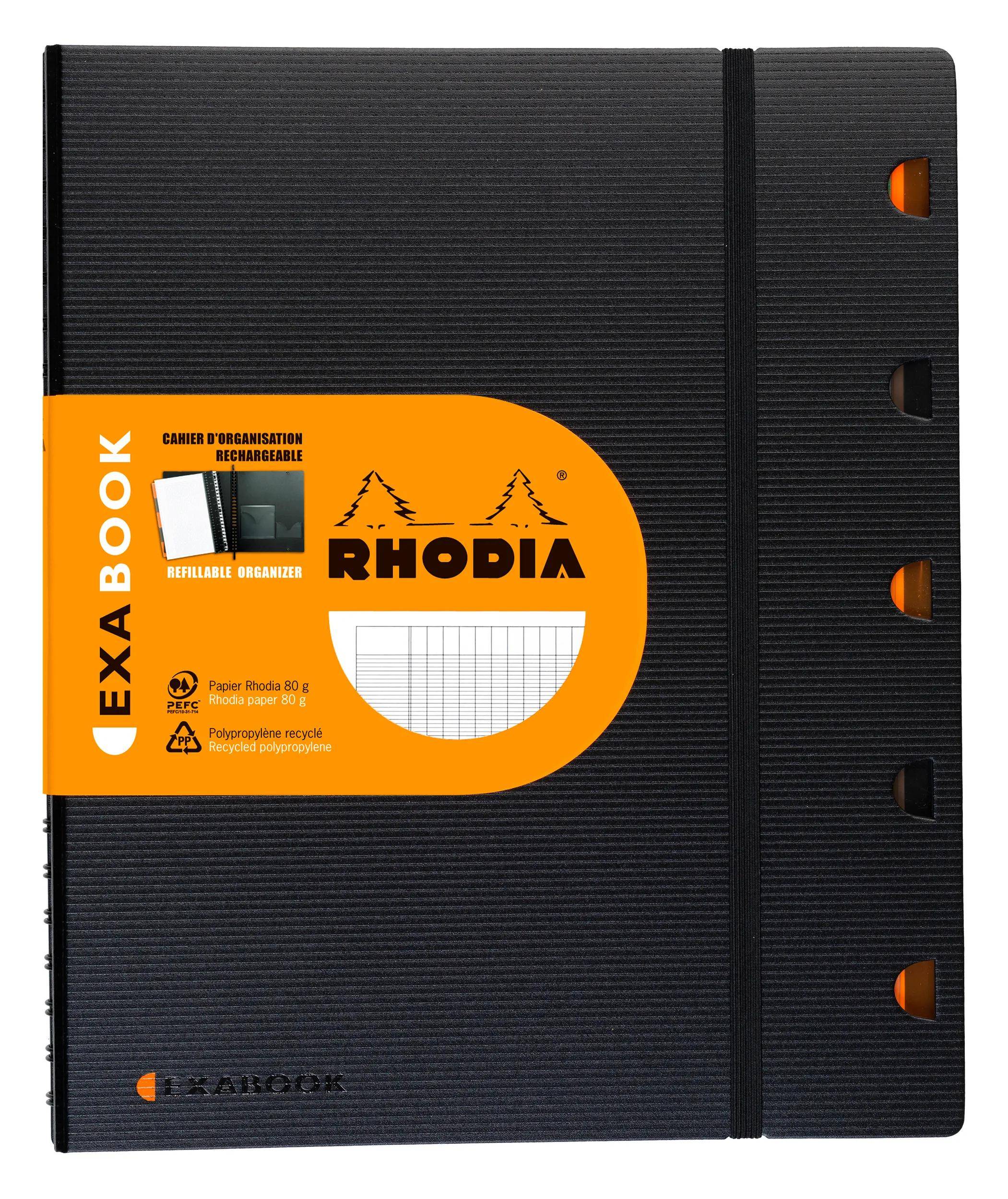 Schwarzes Rhodia Exabook Notizbuch mit orangenem Etikett und Registerlaschen, geschlossen auf weißem Hintergrund dargestellt.