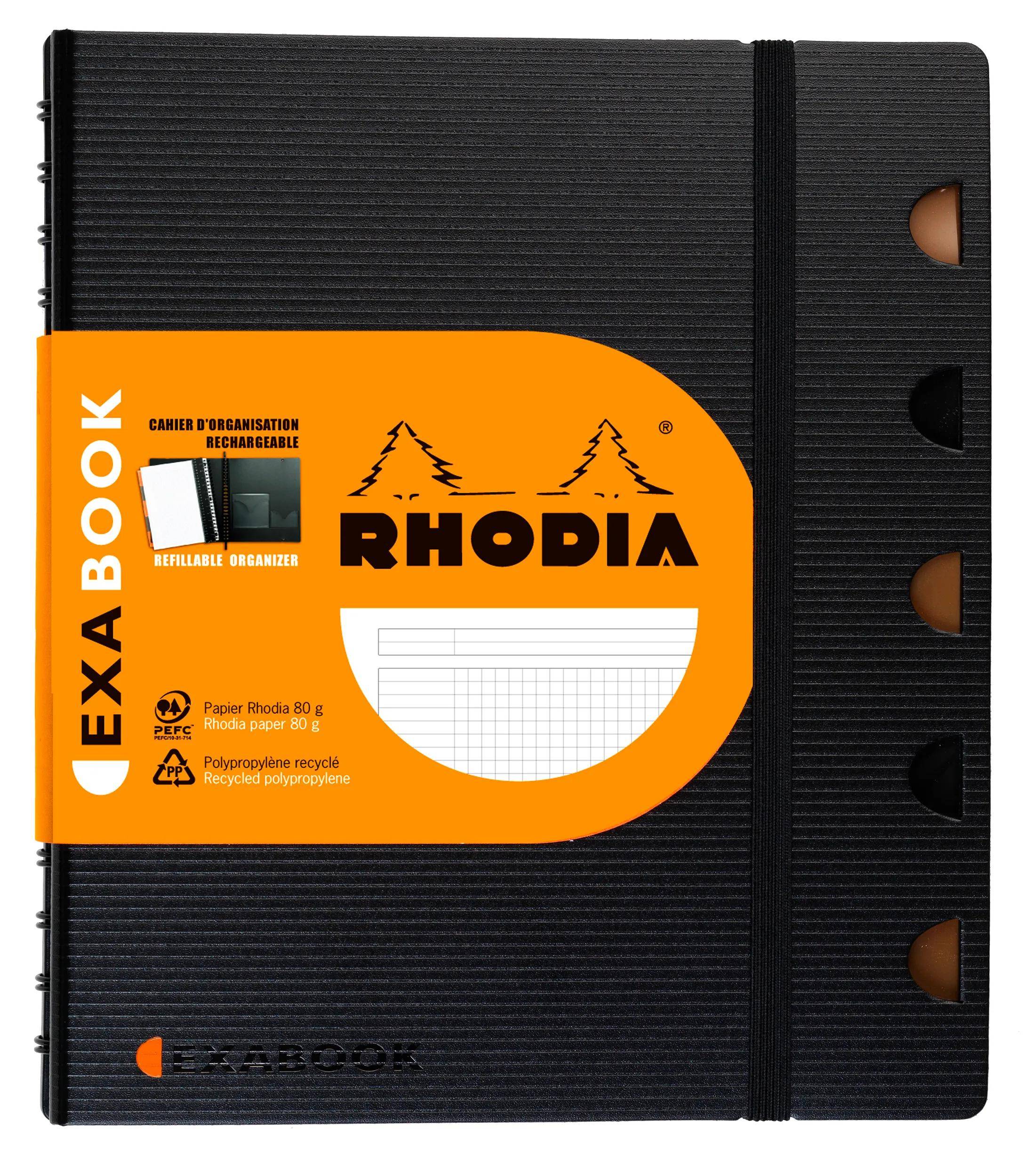 Schwarzes Rhodia Exa Book Notizbuch mit orangefarbigem Deckenetikett, abgerundeten Ausschnittsreitern und weißem Millimeterpapier-Fenster.