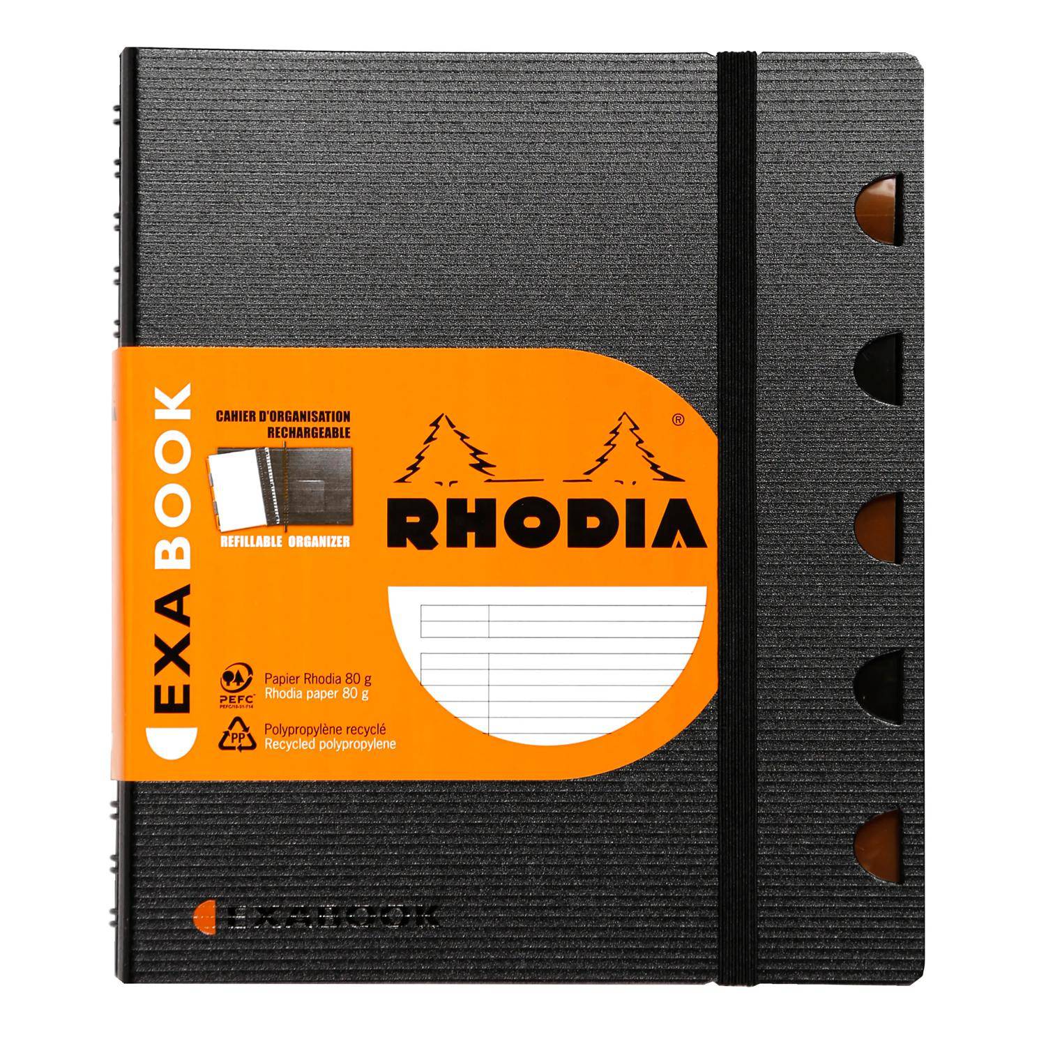 Schwarzes Rhodia EXABOOK Notizbuch mit orangem Etikett, Gummiband und Registerausschnitten an der rechten Kante.