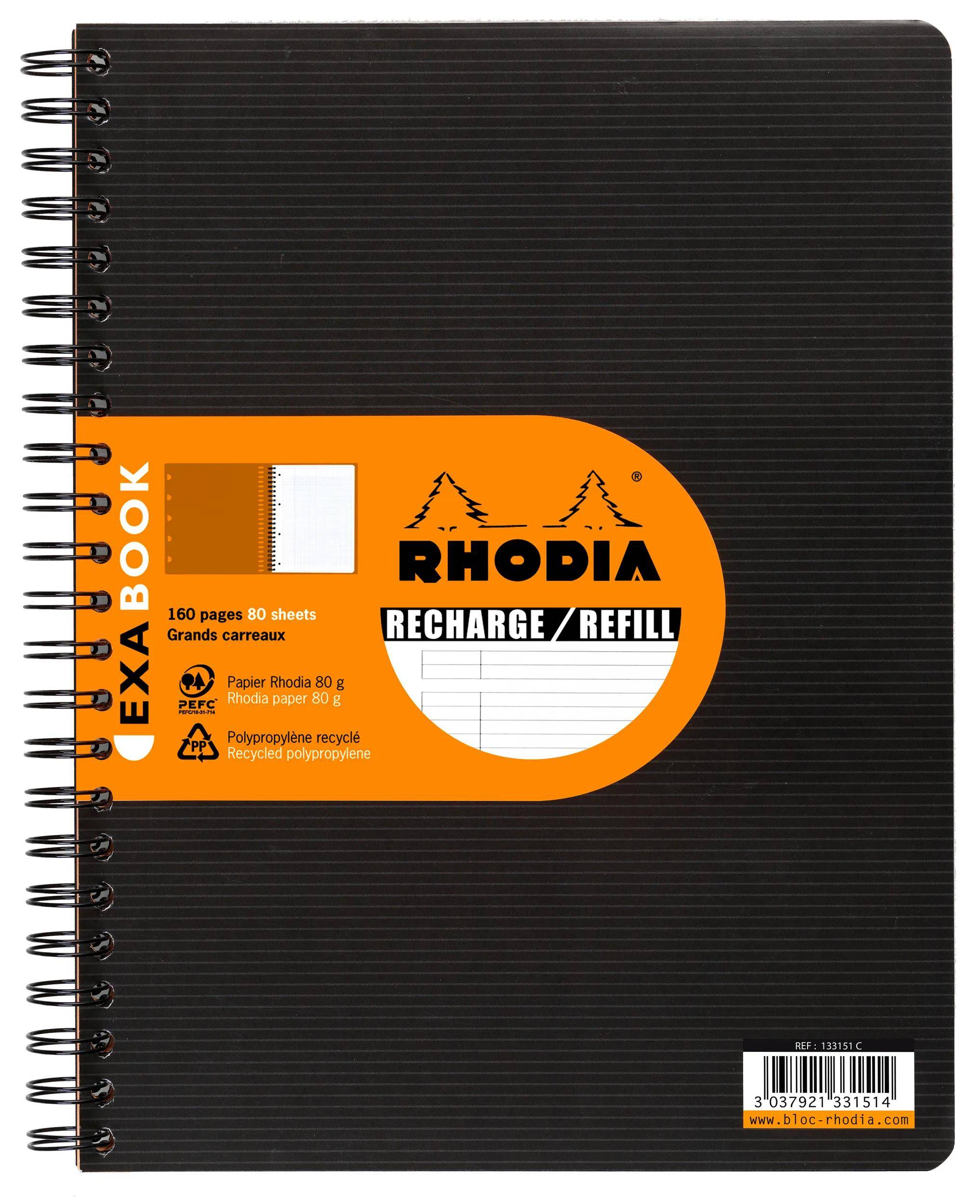 Schwarzes Spiralbuch-Notizbuch Rhodia EXABOOK mit orangenem Etikett, dargestellt als liniertes nachfüllbares Notizbuch mit 160 Seiten und 80 Blättern.