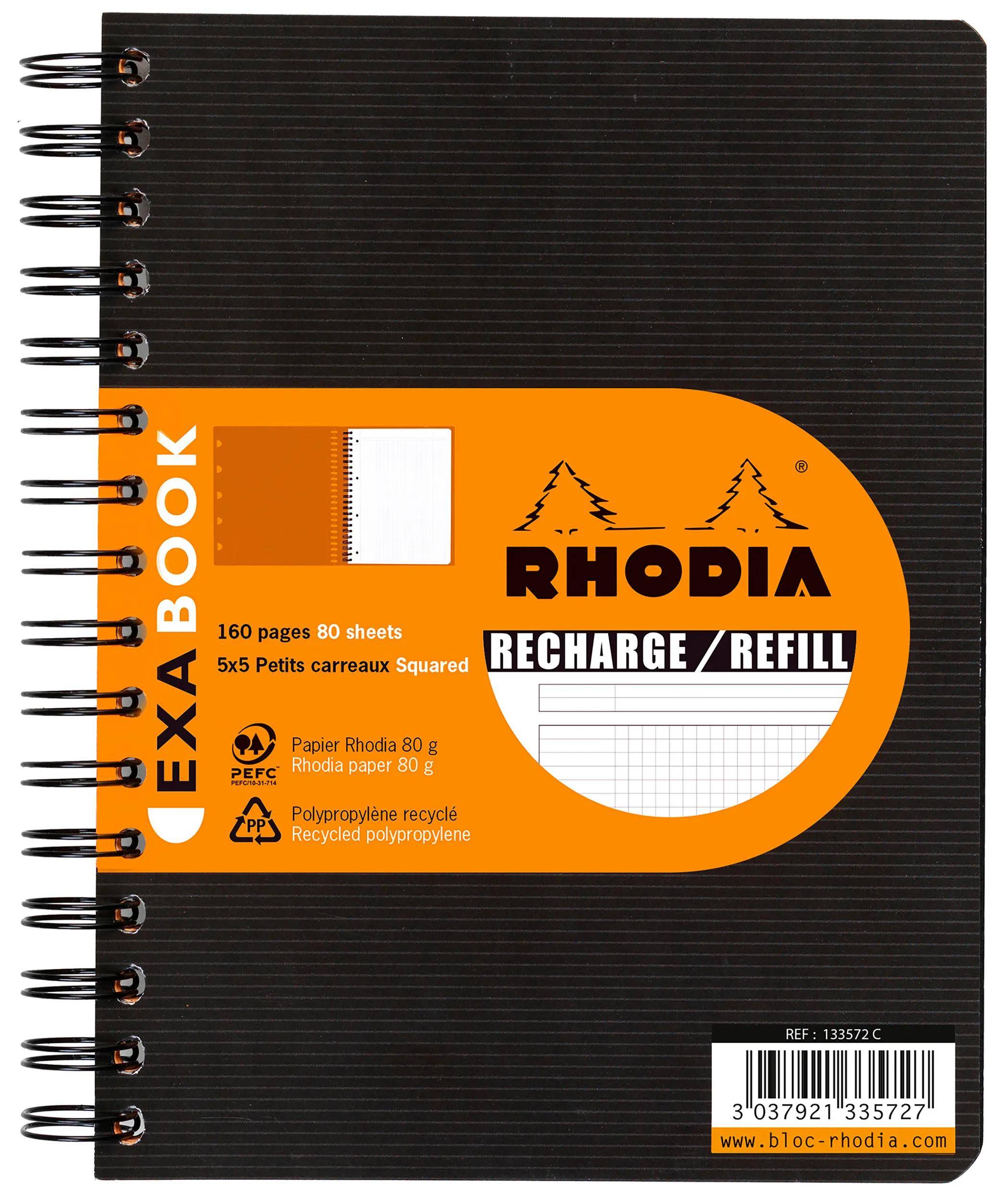 Schwarzes spiralgebundenes RHODIA ExaBook Notizbuch mit orangefarbigem Etikett, gekennzeichnet mit „RECHARGE/REFILL