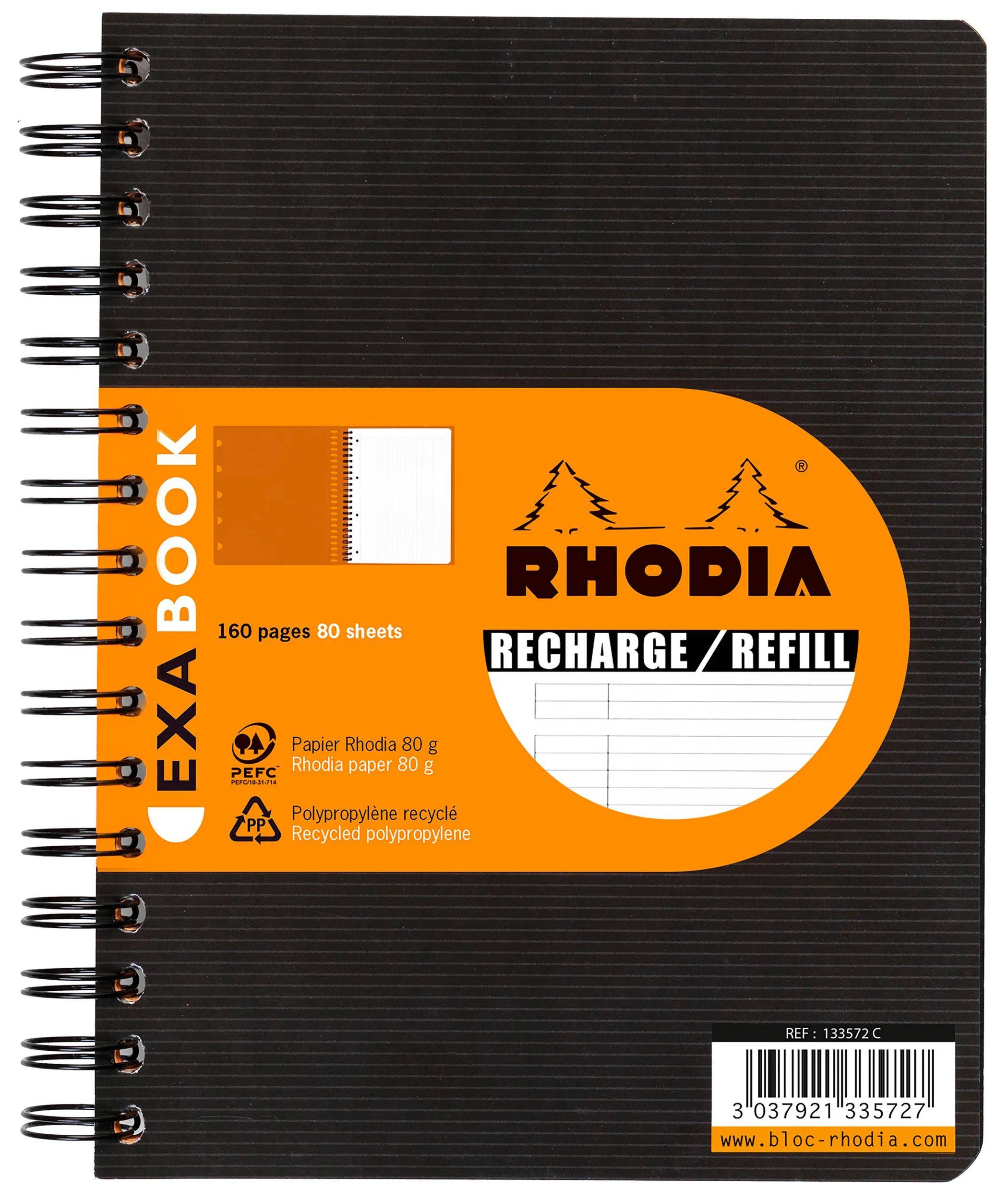 Schwarzes spiralgebundenes Rhodia ExaBook Nachfüllnotizbuch mit orangenem Etikett, 160 Seiten, 80 Blatt, linierter schwarzer Einband und Barcode.