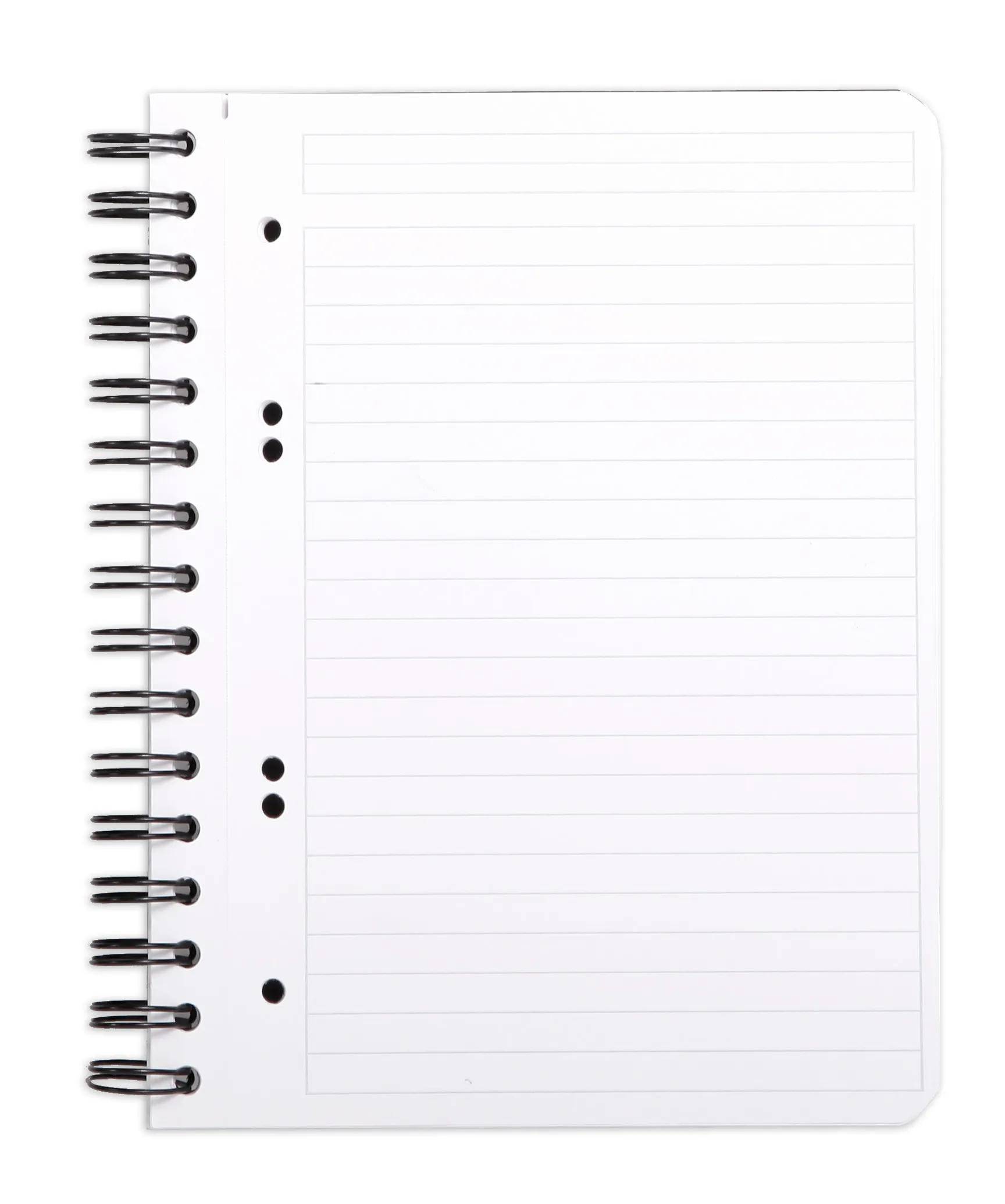 Ein offenes spiralgebundenes Notizbuch mit einer leeren Seite mit Linien und einem Rand auf der linken Seite, bereit zum Notieren oder Schreiben.