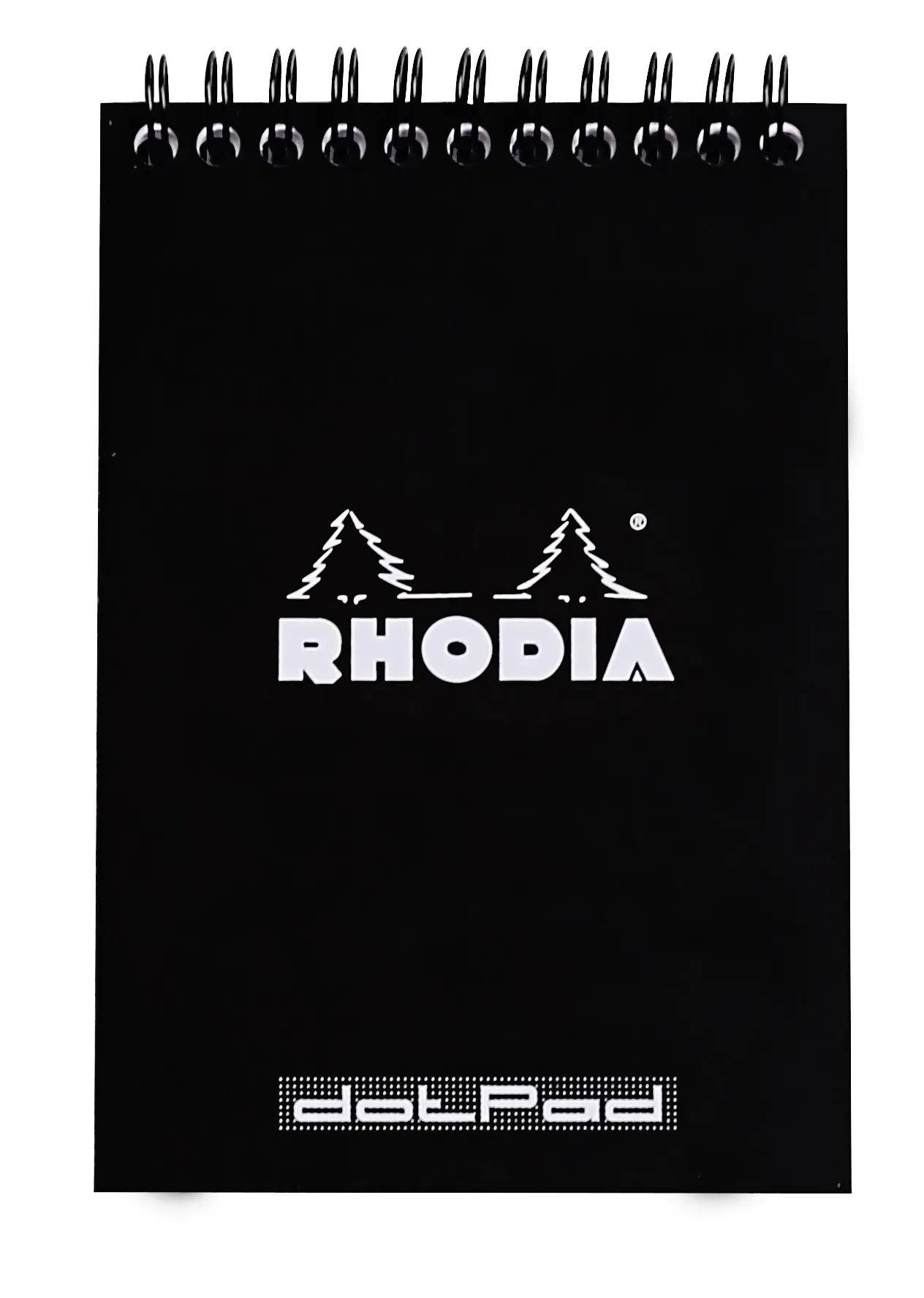 Ein schwarzer Rhodia Notizbucheinband mit dem Rhodia-Logo und zwei stilisierten Kiefern.