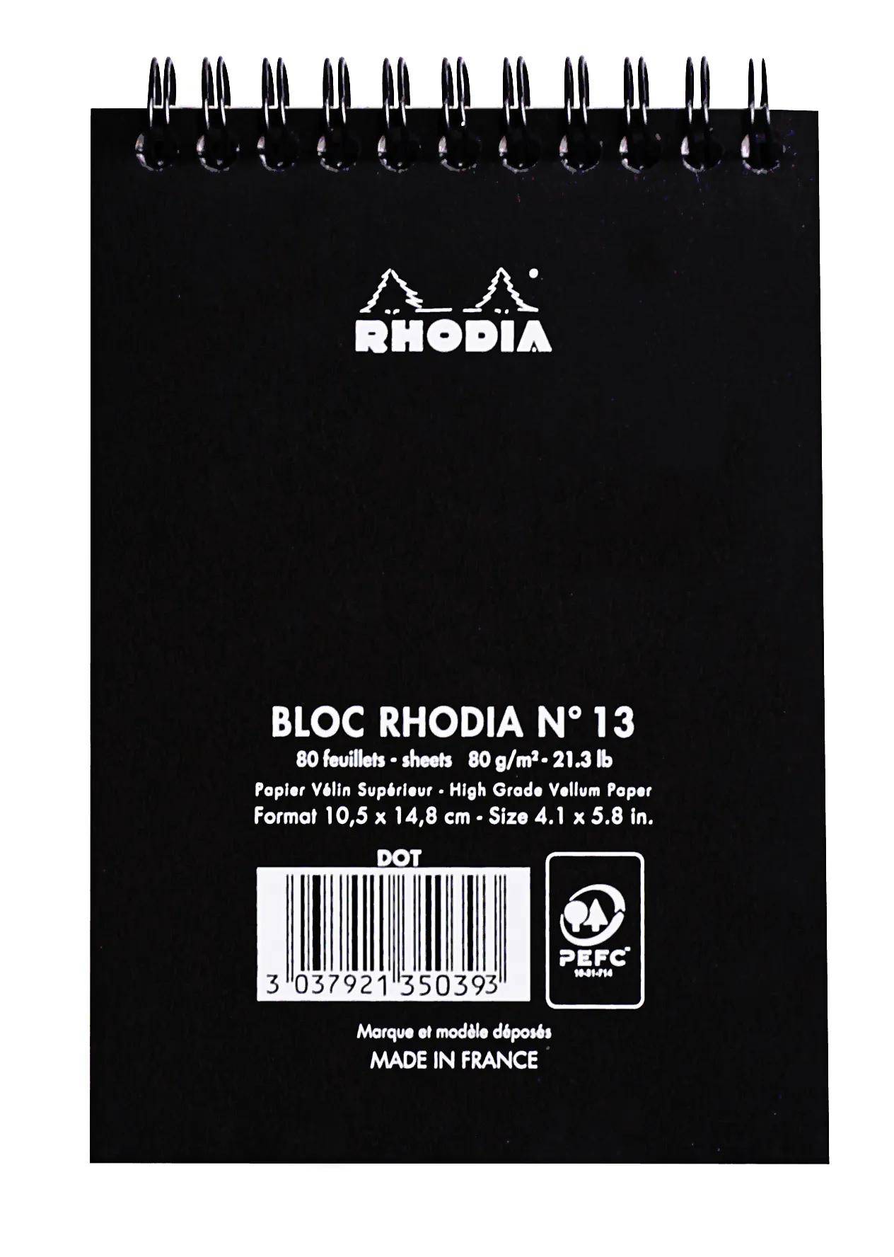 Schwarzes Rhodia-Spiralblock-Cover mit der Bezeichnung „BLOC RHODIA N°13", 80 Blatt, 80 g/m², hergestellt in Frankreich, mit Barcode und PEFC-Logo.
