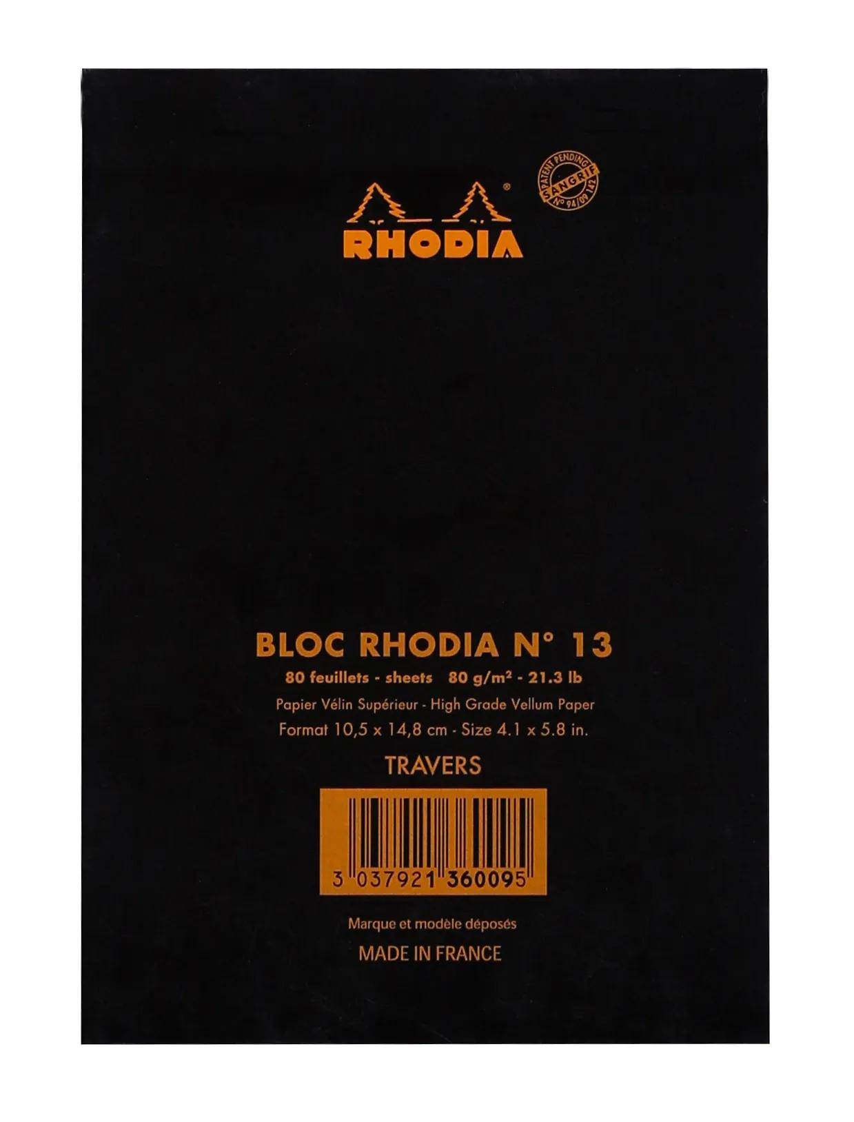 Schwarzer Umschlag des Rhodia Bloc Nr. 13 Notizblocks, 80 Blatt, 10,4 x 13,5 cm, hochwertige Vellumpapier, hergestellt in Frankreich.