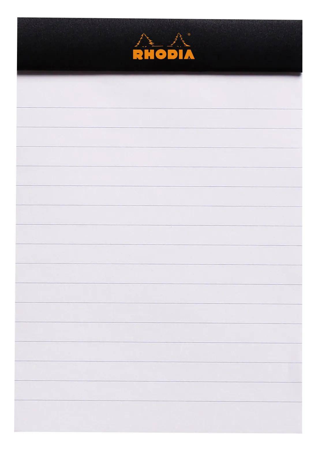 Liniertes Rhodia-Notizbuchblatt mit schwarzem oberen Kopfbereich und orangem RHODIA-Logo.
