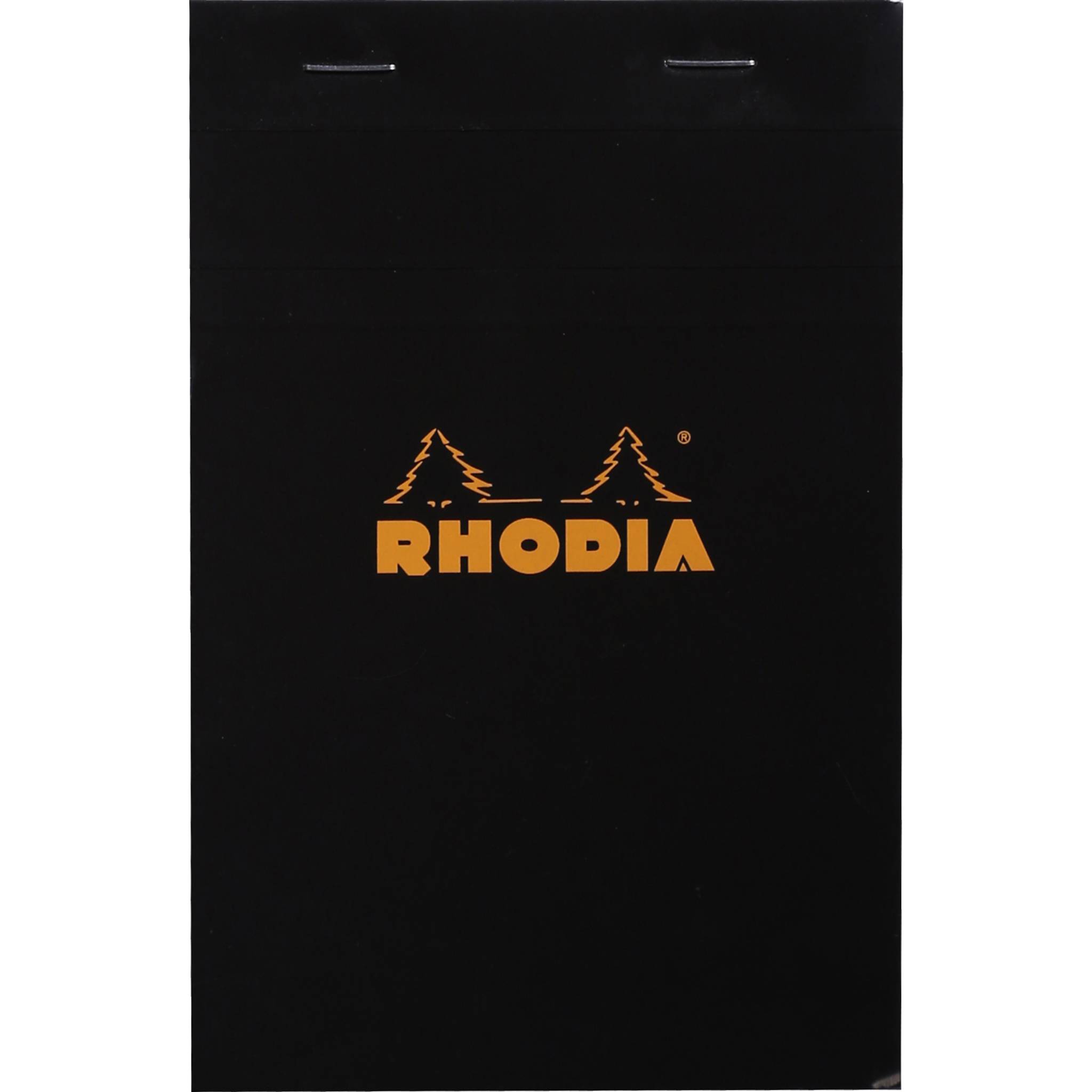 Schwarzer Rhodia-Notizbucheinband mit orangem RHODIA-Logo und zwei Baumikonen in der Mitte auf der Vorderseite.