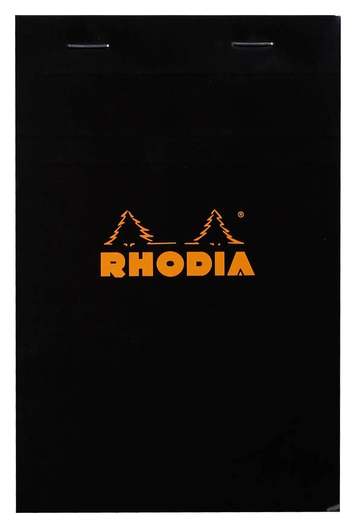 Schwarzer Rhodia-Schreibblock mit orangefarbenem RHODIA-Logo und zwei stilisierten Bäumen in der Mitte der Vorderseite