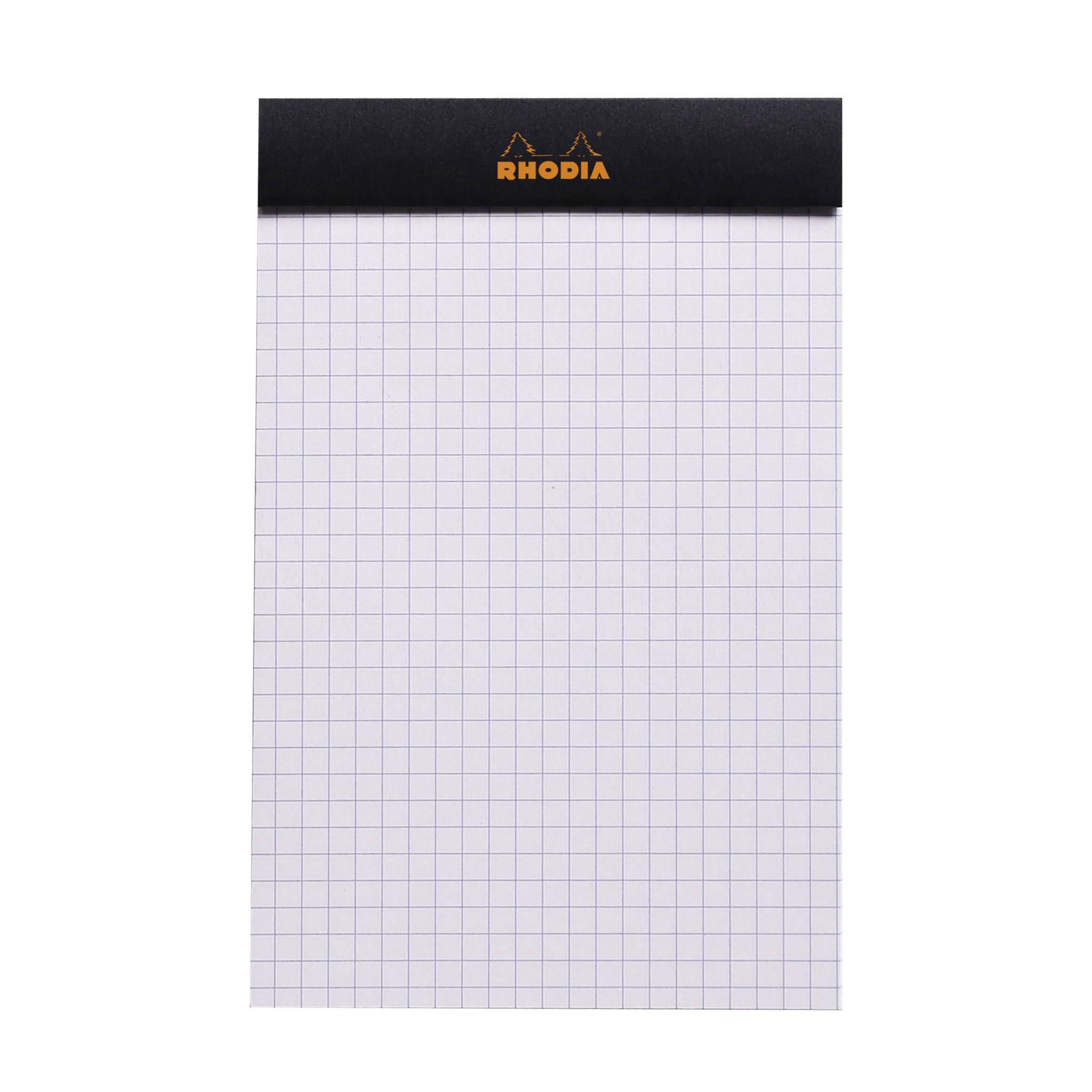 Ein Rhodia-Notizblock mit kariertem Papier, schwarzer Spiralbindung oben und hellblauen Kästchen.