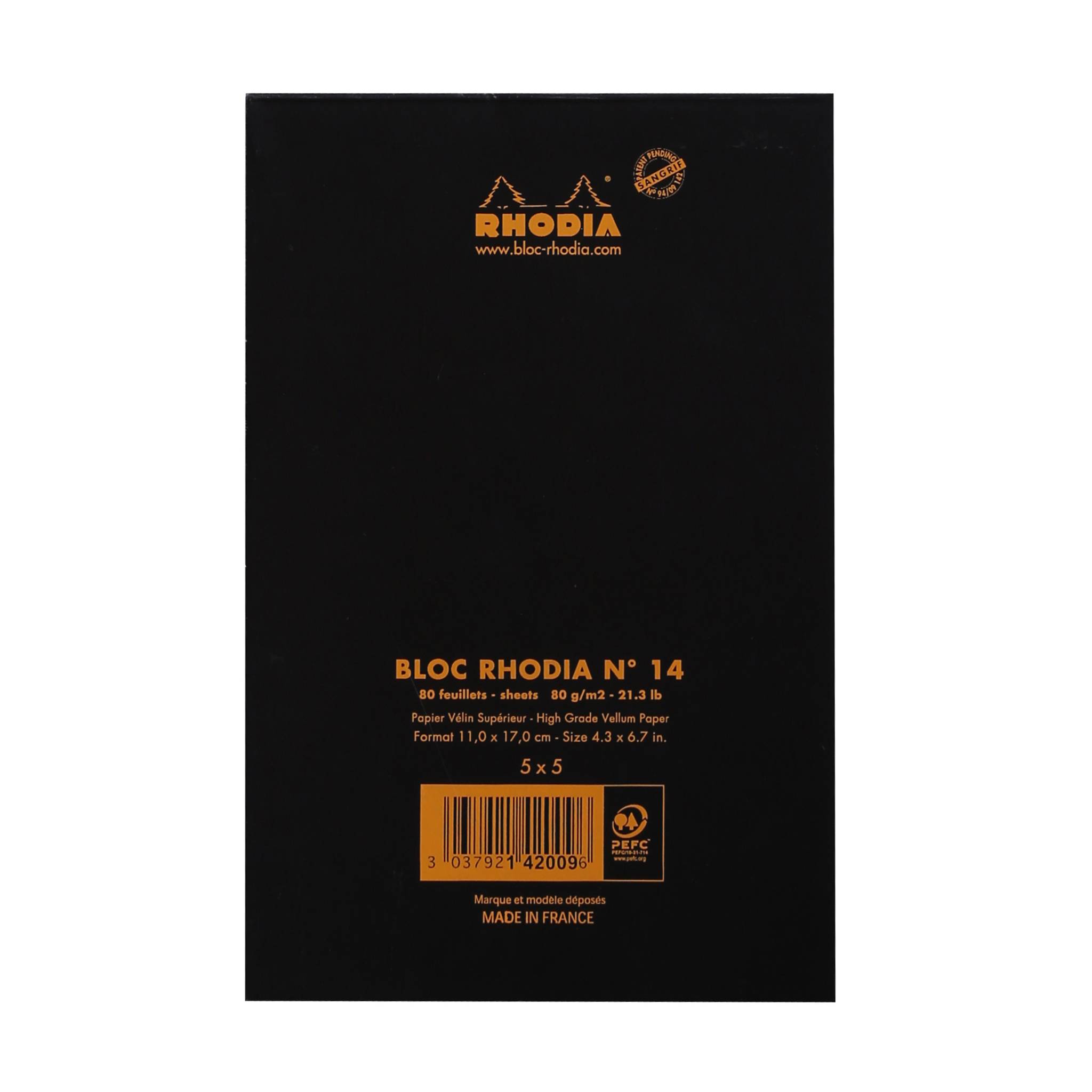 Schwarzer Rhodia-Notizblockumschlag mit Aufschrift „BLOC RHODIA N° 14", 5 x 5, 80 Blatt, hergestellt in Frankreich.