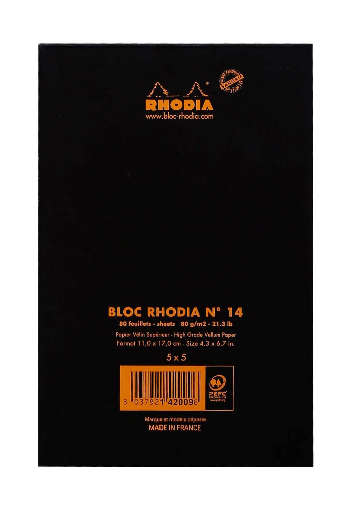 Schwarzer Umschlag eines Rhodia-Notizblocks mit Markenlogo, Produktinformationen und Abmessungen: „Bloc Rhodia No 14, 80 Blatt, 80 g/m², 11 x 17 cm