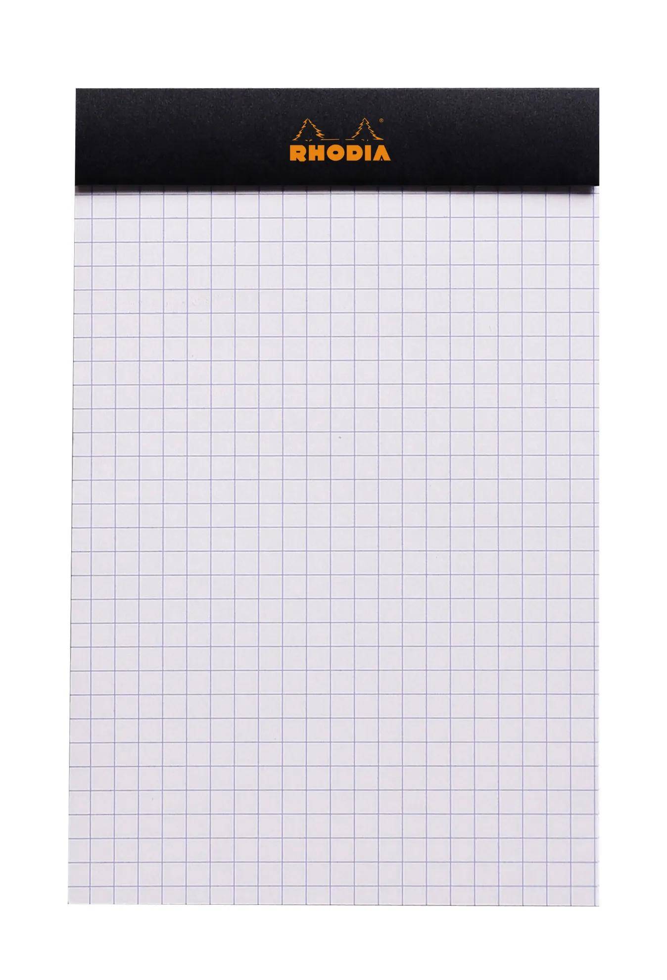 Ein Rhodia-Notizbuch mit kariertem Papier, schwarzer Bindung oben und orangem Logo, das eine leere karierte Seite zeigt.