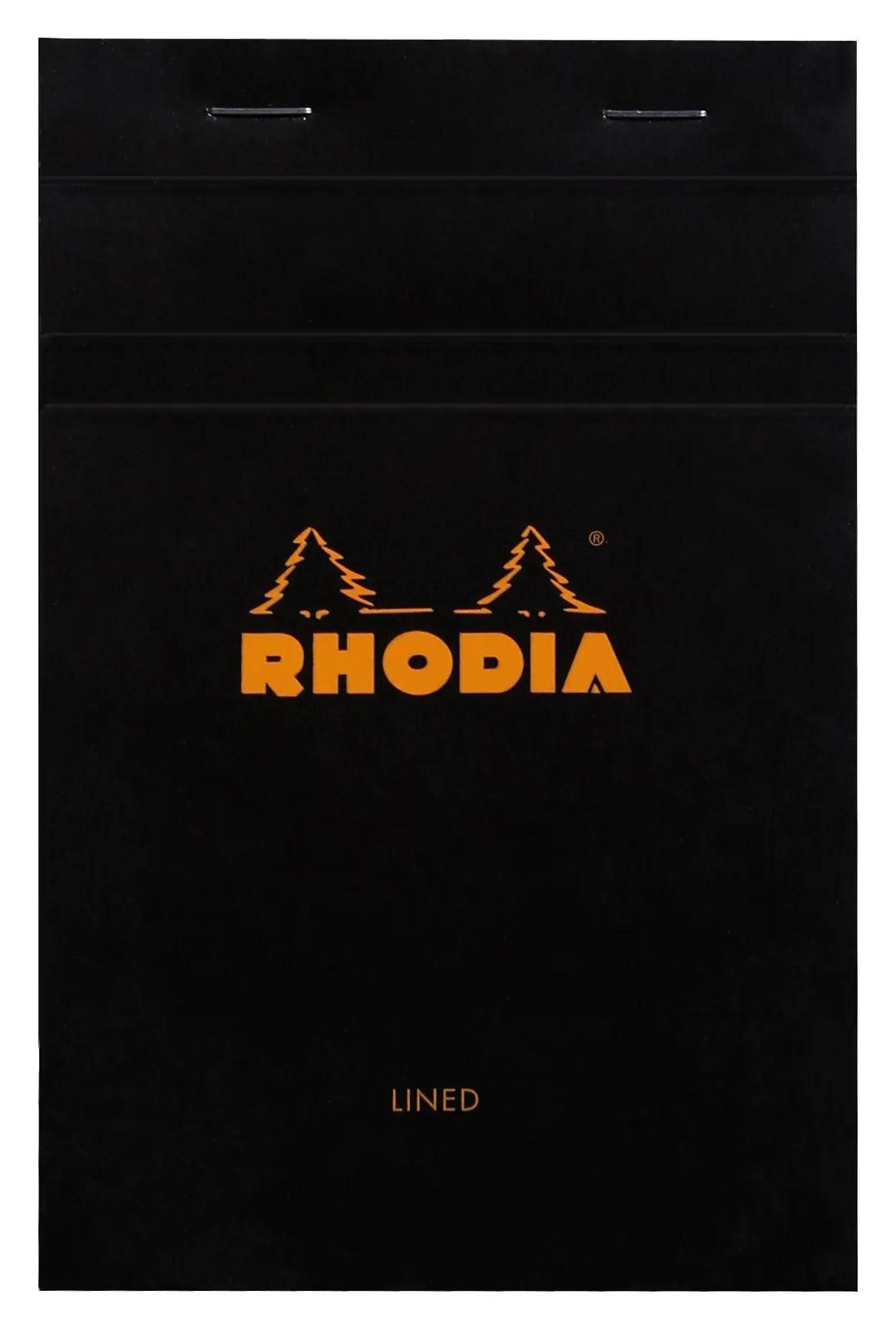 Schwarzes Rhodia-Notizbuch mit Liniierung, orangefarbenem Logo und dem Wort „LINIERT