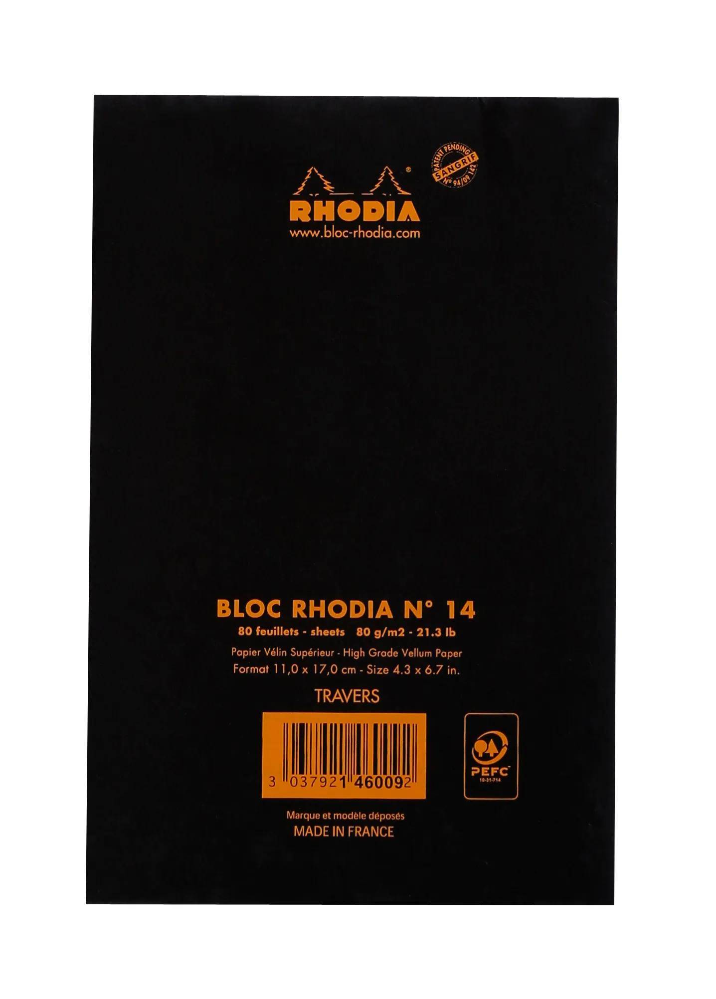 Umschlag eines Rhodia-Notizbuchs, schwarz mit orangefarbener Schrift. Enthält Produktdetails wie Papierart, Größe 10 x 17 cm, 80 Blatt, hergestellt in Frankreich.